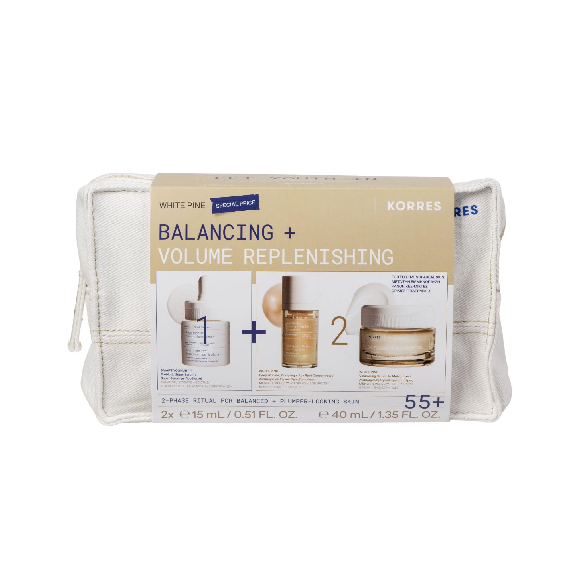 KORRES WHITE PINE Anti-Aging Pflege Wechseljahre – Expert Trio, ab 55, Vorteilsset mit Creme 40ml, Serum 15ml & SMART YOGHURT™ Serum 15ml für Festigkeit, Pflege und ein glatteres Hautbild