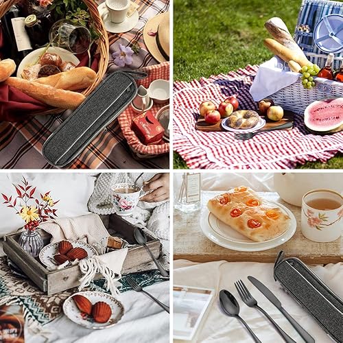 Miniatura 8 de Utensilios de Viaje Reutilizables Portátiles Cubiertos con Estuche, Juego de Cubiertos de Viaje para Camping, Palillos y Pajita, Cubiertos con