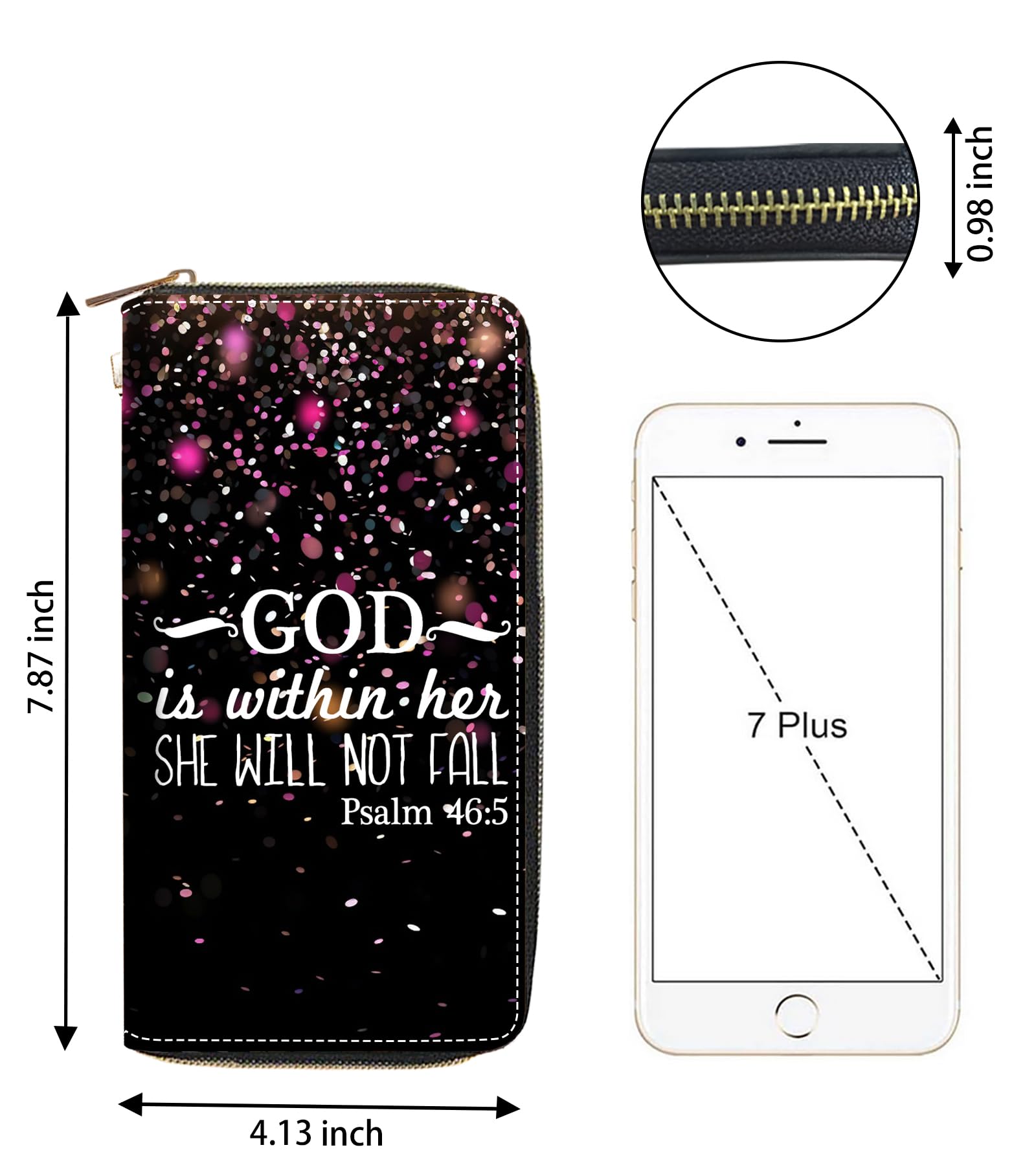 DEHJYYIJUY Women's Large Capacity Wallet, Bible Verse Psalm 46:5 Design Portable PU Leather Zipper Wallet, Multifunctional Clutch Wallet for Smart Phone/Cash/Card/Coin