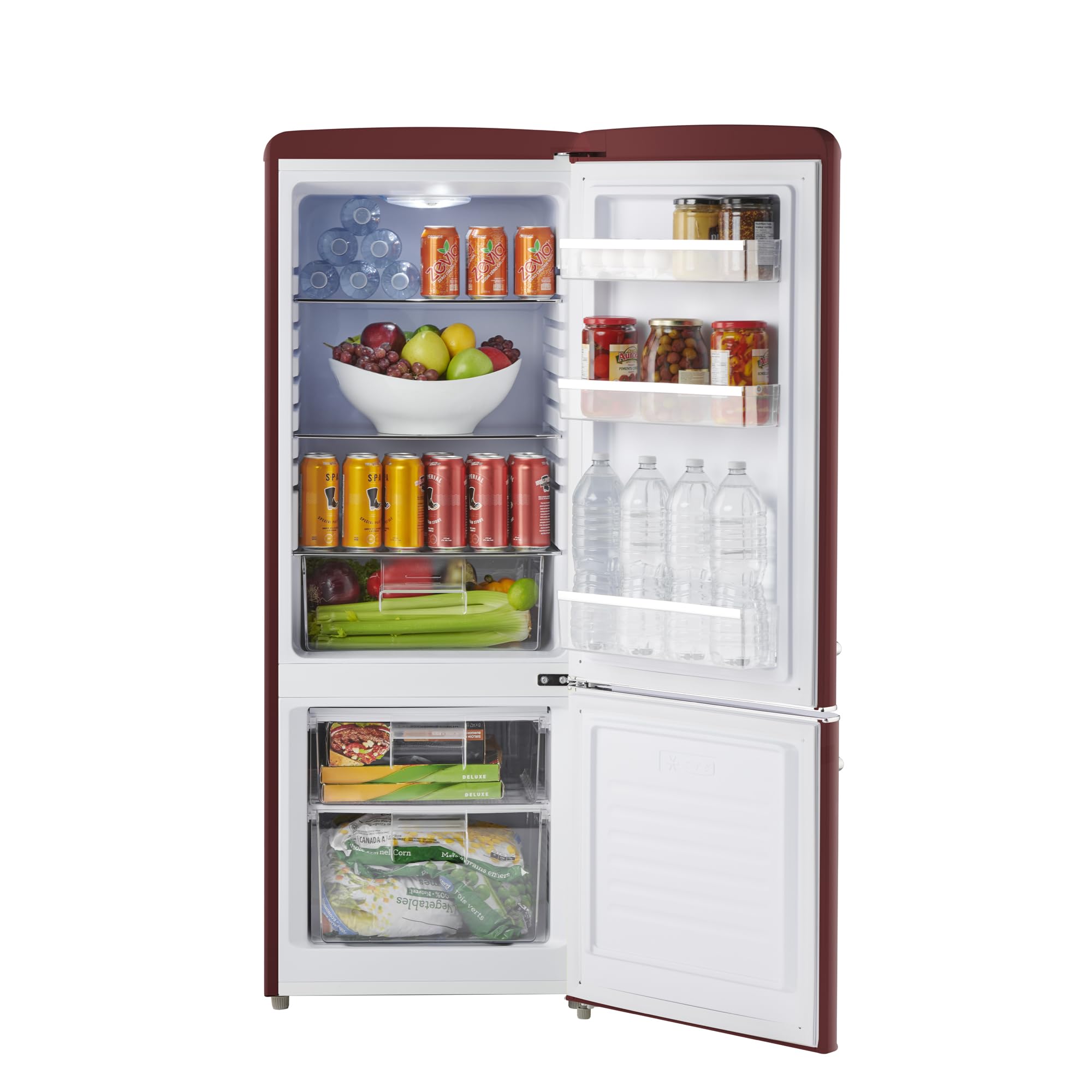 iio 7 Cu Ft Bottom Freezer Retro Refrigerator, Small, with Mini Fridge for Bedroom, 3 Glass replacement Shelves, LED Light,1 Crisper, 2 Drawers (Red) on Fridge.com