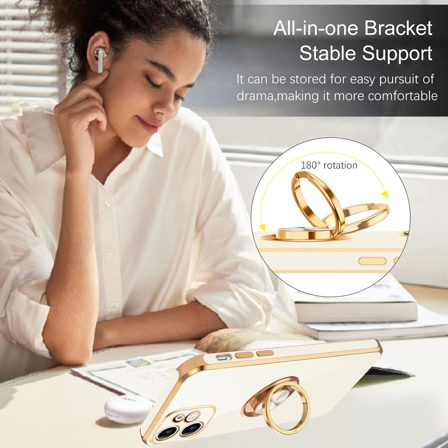 BENTOBEN Compatible with iPhone 12 Mini Case with 360° Ring Holder, Shockproof Kickstand Support Car Mount Women Men Non-Slip Protective Phone Case for iPhone 12 Mini 5.4", White/Gold