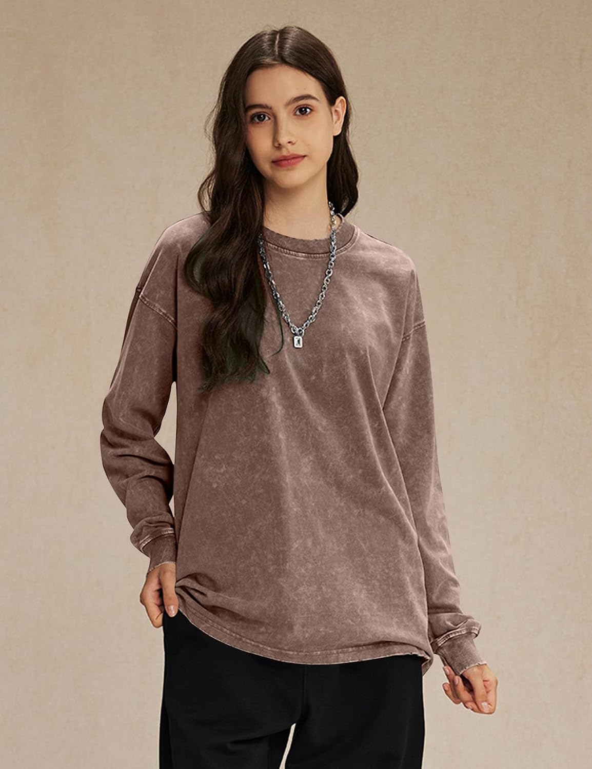 Kissonic Oversized Tshirts for Women Long Sleeve Acid Wash Unisex T Shirts image 4