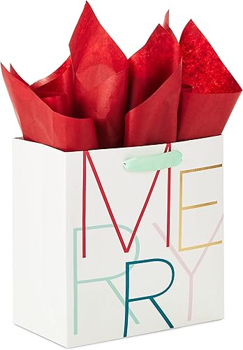 Hallmark Bolsa de regalo de Navidad cuadrada de 7 pulgadas con papel de seda (Merry moderno, marfil, rojo, oro, verde menta) para hija, hermana,