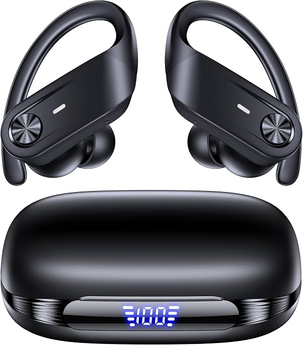 Auriculares inalámbricos con cancelación activa de ruido híbrida, 80 horas de reproducción, calidad estéreo de alta resolución, con modo de transparencia, ganchos de oreja Bluetooth, para trabajo, deportes y viajes