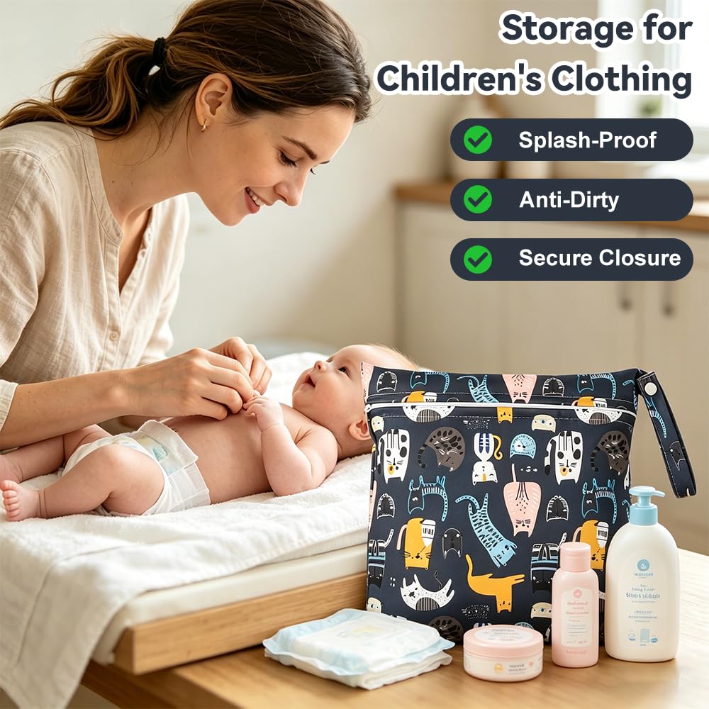 Cosiesnest 2 Packs Cartoon Print Wet Dry Bags | Waterproof Reusable Nappy & Swim Bag | Travel Laundry Bag,Single Zipper Pouch for Swimming, Beach, Nursery & Travel (12x11 inch) (A-cat) — view 5