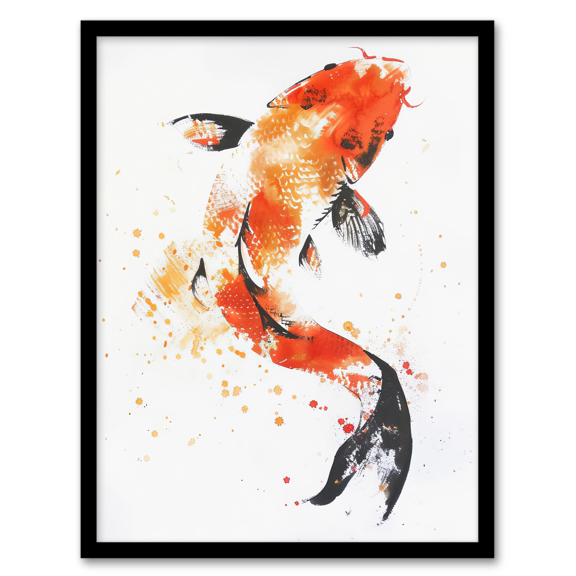 Artery8 Japanese Koi Carp Fish Orange Black Watercolour Bathroom Toilet Artwork Framed Wall Art Print A4