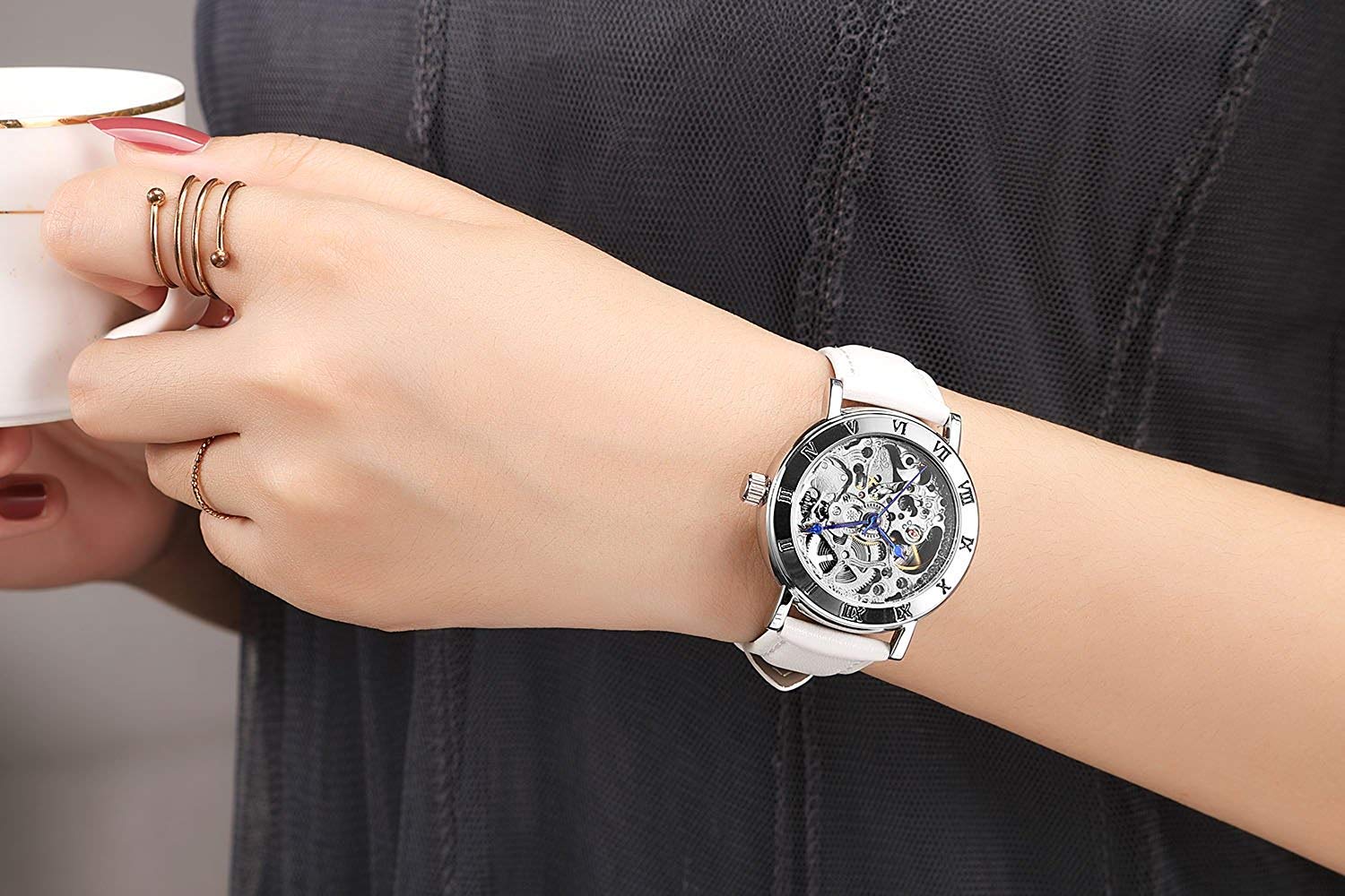 Carlien Damen Steampunk Automatik Mechanische Uhr Skelett Zifferblatt Leder Kleid Armbanduhr