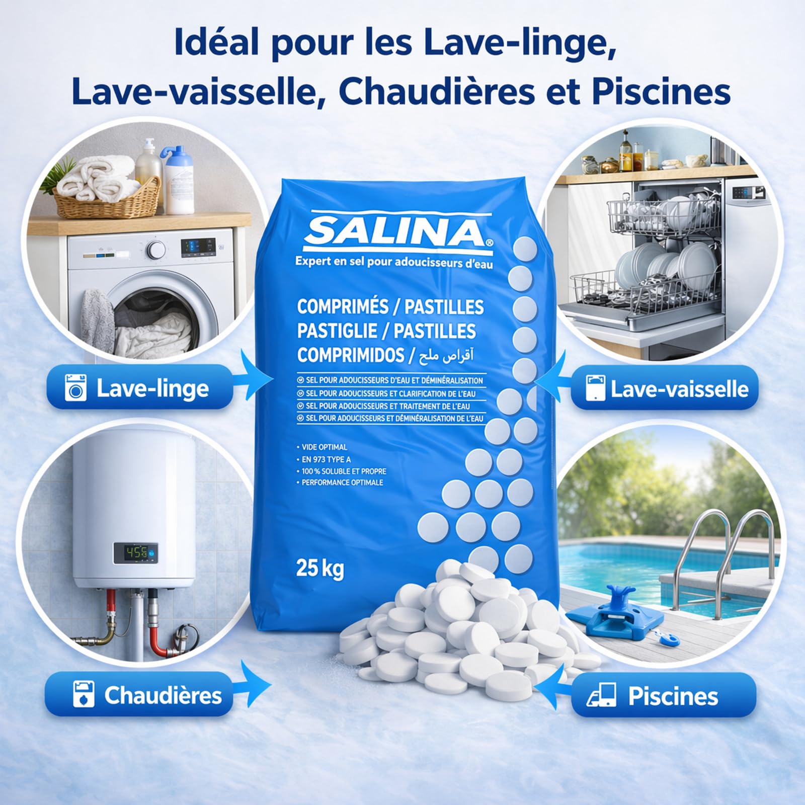 Sal en Tableta - Descalcificación de Agua - Agua más Clara y Suave - Sal para Piscina 25 kg x 10