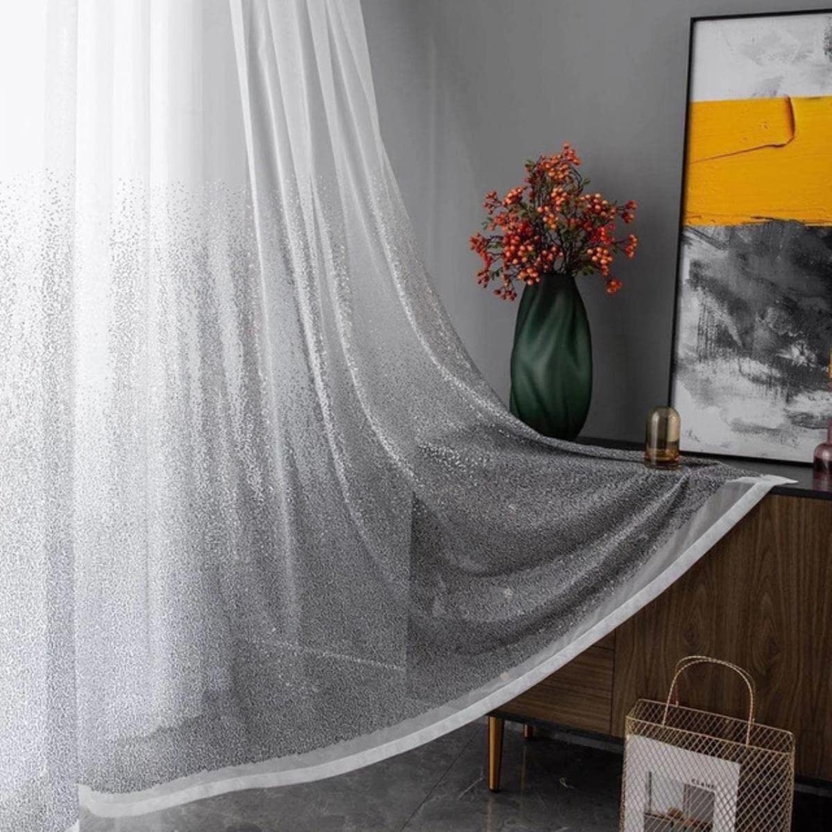 Paillette Style Dégradé Fenêtre Brillant Sheer Rideaux pour Salon Chambre Voile Dentelle Tulle-Blanc,W200xL265cm,Grommet