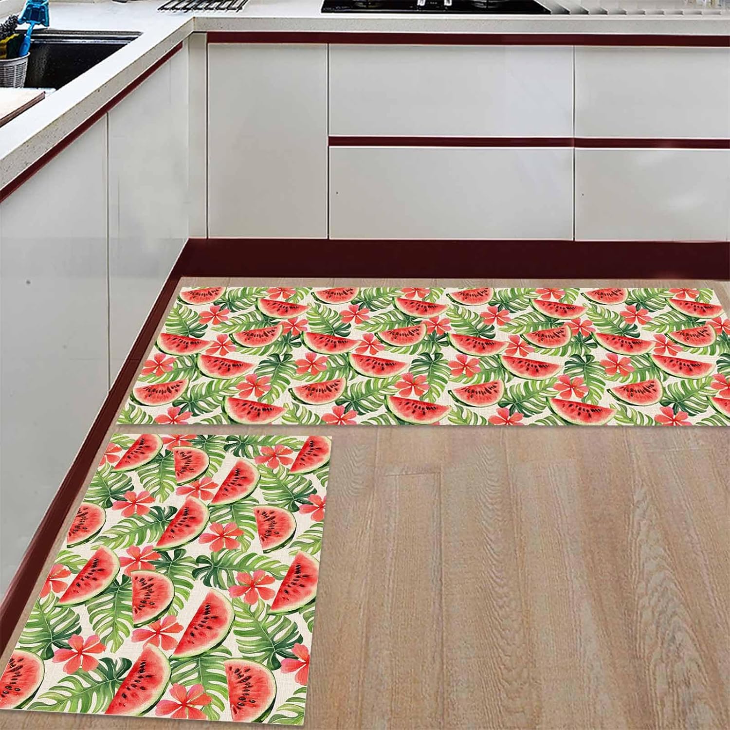 2 Pieces Kitchen Rugs and Mats,Watermelon Tropical Leaf Flower Area Runner Rug Set Non Slip Floor Doormat Washable Carpet Standing Mat for Kitchen Sink Indoor Corridor,Summer Fruit Plant on Linen