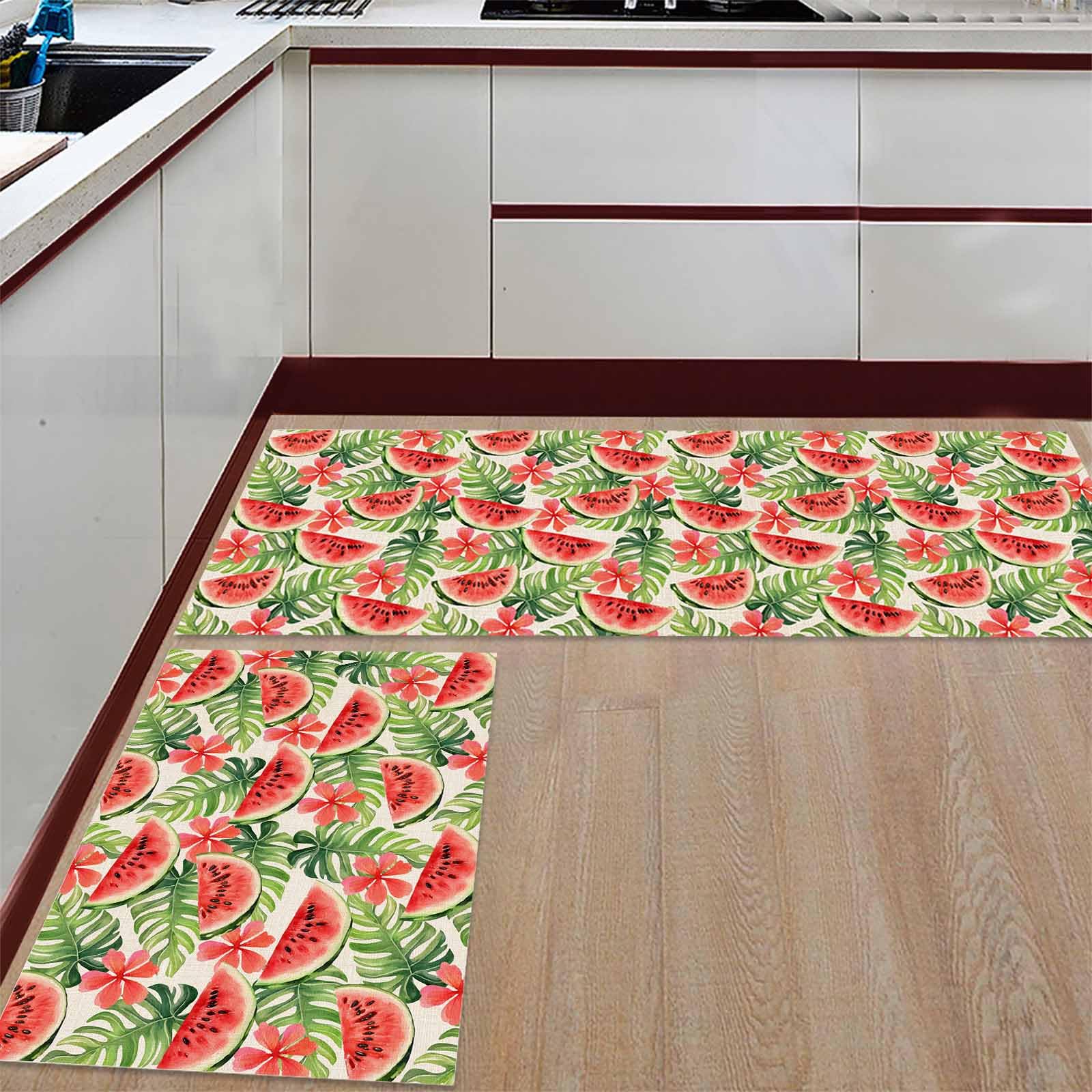 2 Pieces Kitchen Rugs and Mats,Watermelon Tropical Leaf Flower Area Runner Rug Set Non Slip Floor Doormat Washable Carpet Standing Mat for Kitchen Sink Indoor Corridor,Summer Fruit Plant on Linen
