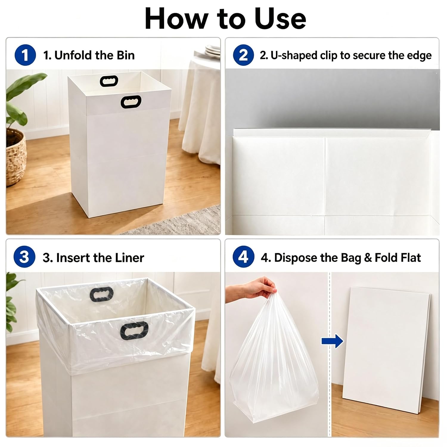 4 Pack Upgraded Disposable Trash Cans for Parties Events 30 Gallon Large Collapsible Garbage Cans with Handle, Foldable Thickened Recyclable Cardboard Suitable for Parties, Events, and Weddings(White)