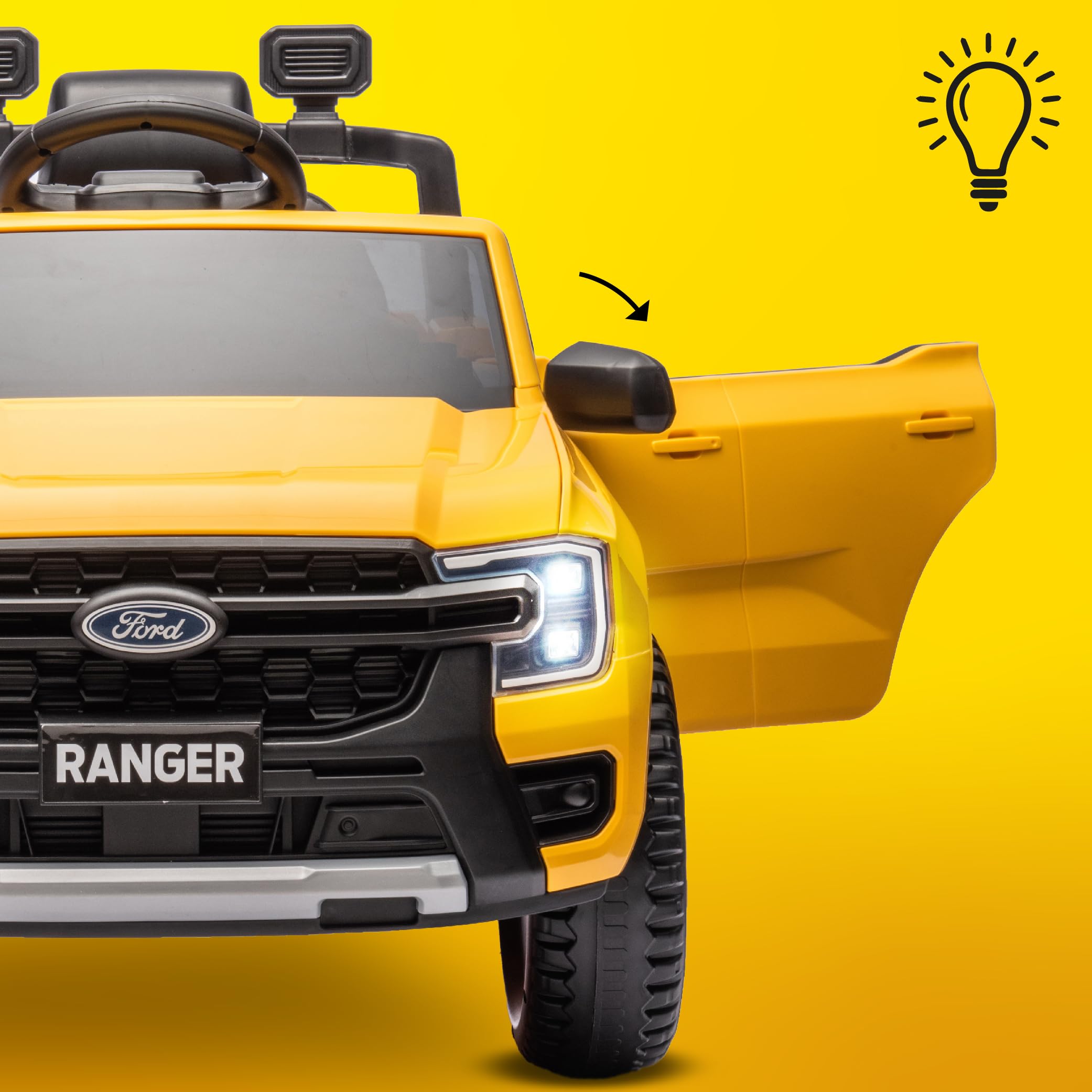 Coche eléctrico para niños Ford de 3 a 6 años, Potencia Motor 30W, Mando a Distancia, suspensión, Faros, Lector MP3 (Amarillo)
