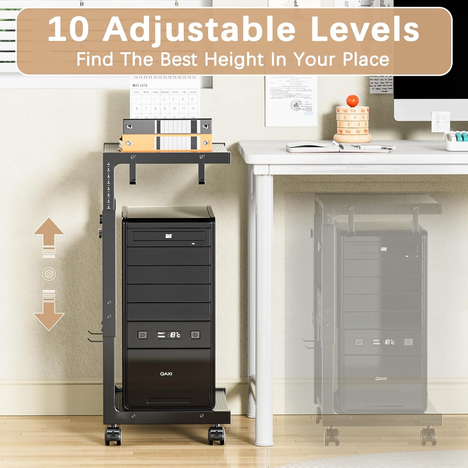 Computer Tower Stand - Height Adjustable PC Tower Stand CPU Holder Cart with Locking Wheels and 4 Hooks for Home Office, 23.03"-28.3" H, Black