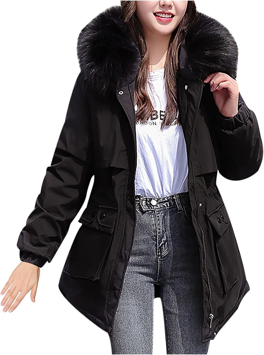 henleys black parka jacket with faux fur trim hood