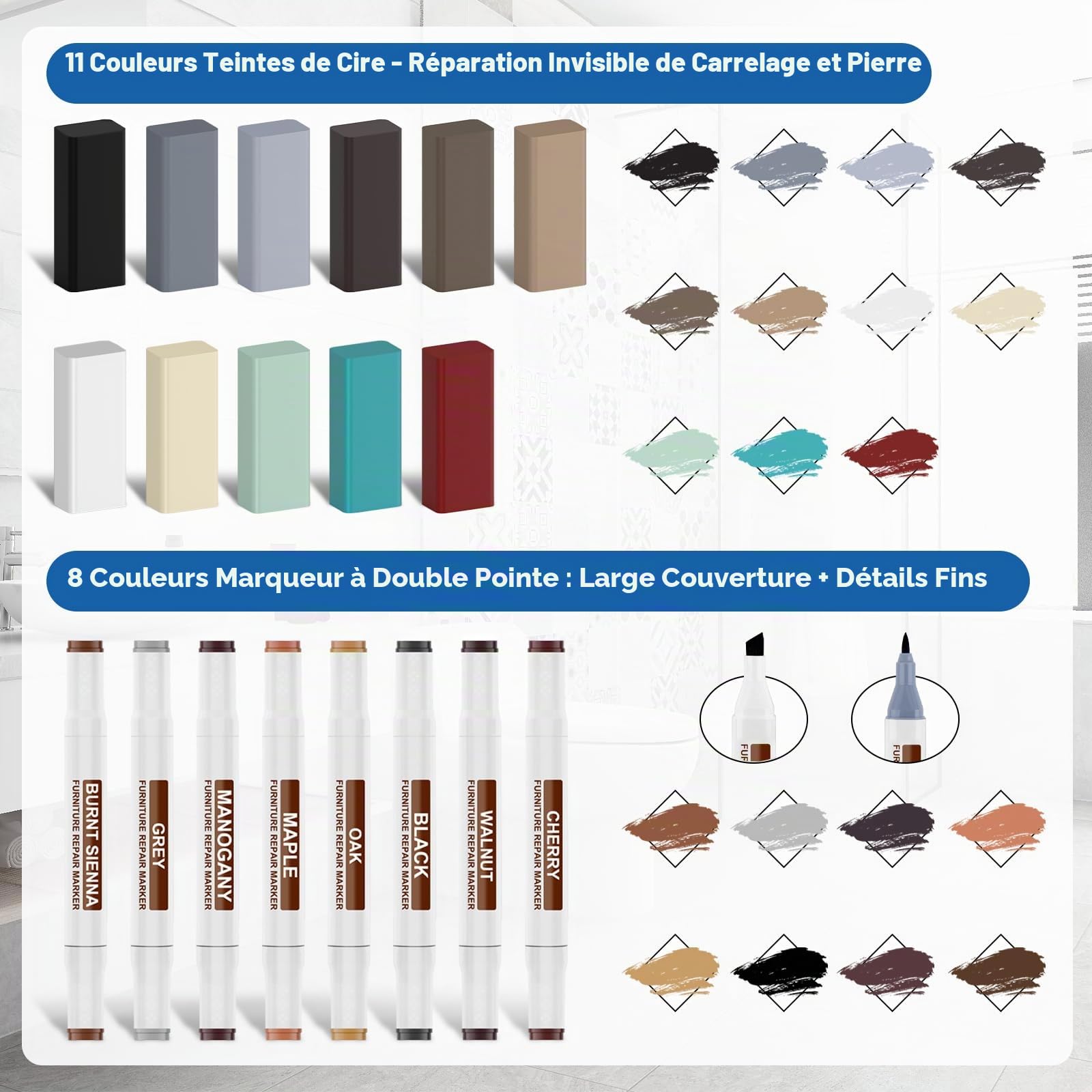 Kit de réparation de carrelage en céramique avec cire améliorée - Marqueur de retouche à double pointe - Pour faïence, carrelage, marbre, également pour bois, meubles, stratifiés, sols en vinyle