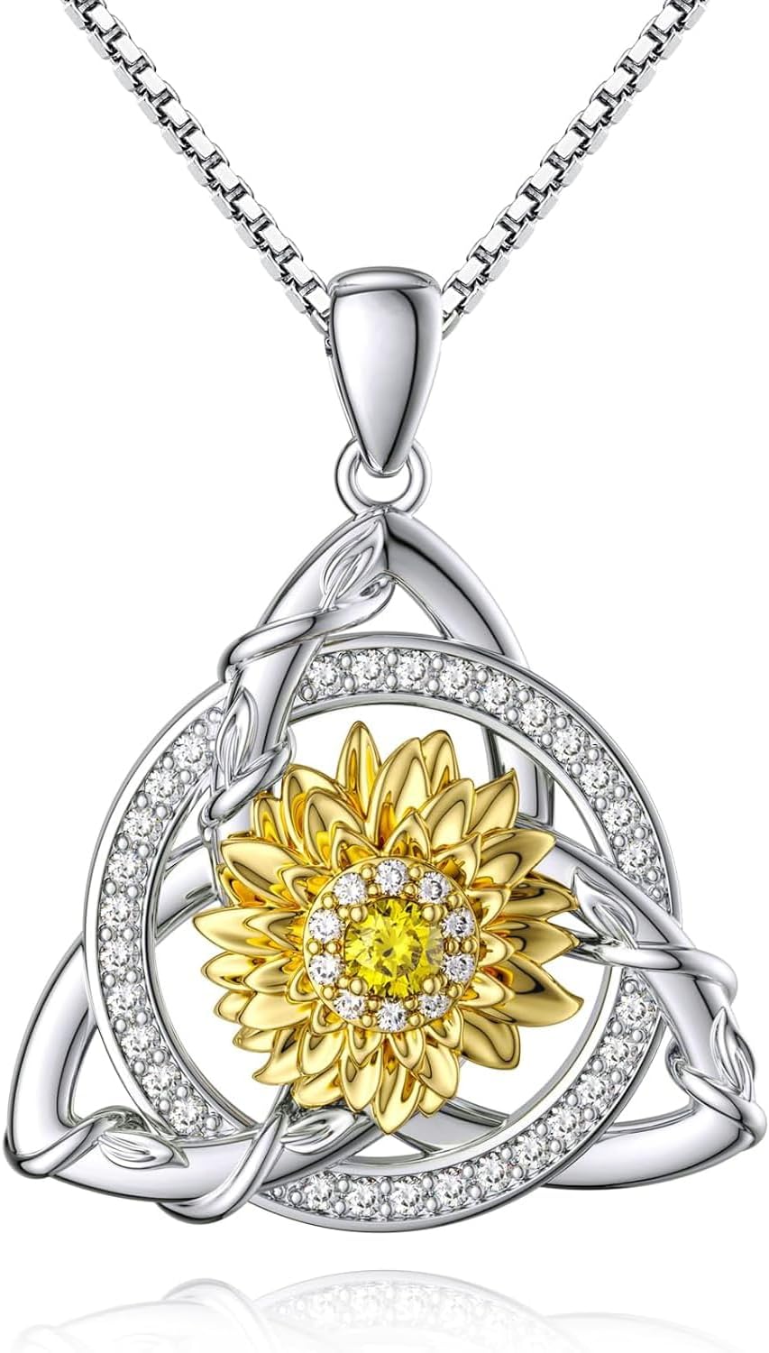 Sunflower Necklace for Women, 925 Sterling Silver Sunflower Cross/Cletic Knot/Iinfinity/Frame Faith Jewelry Gift for Mother Grandma Wife on Anniversary Birthday Mother's Day
