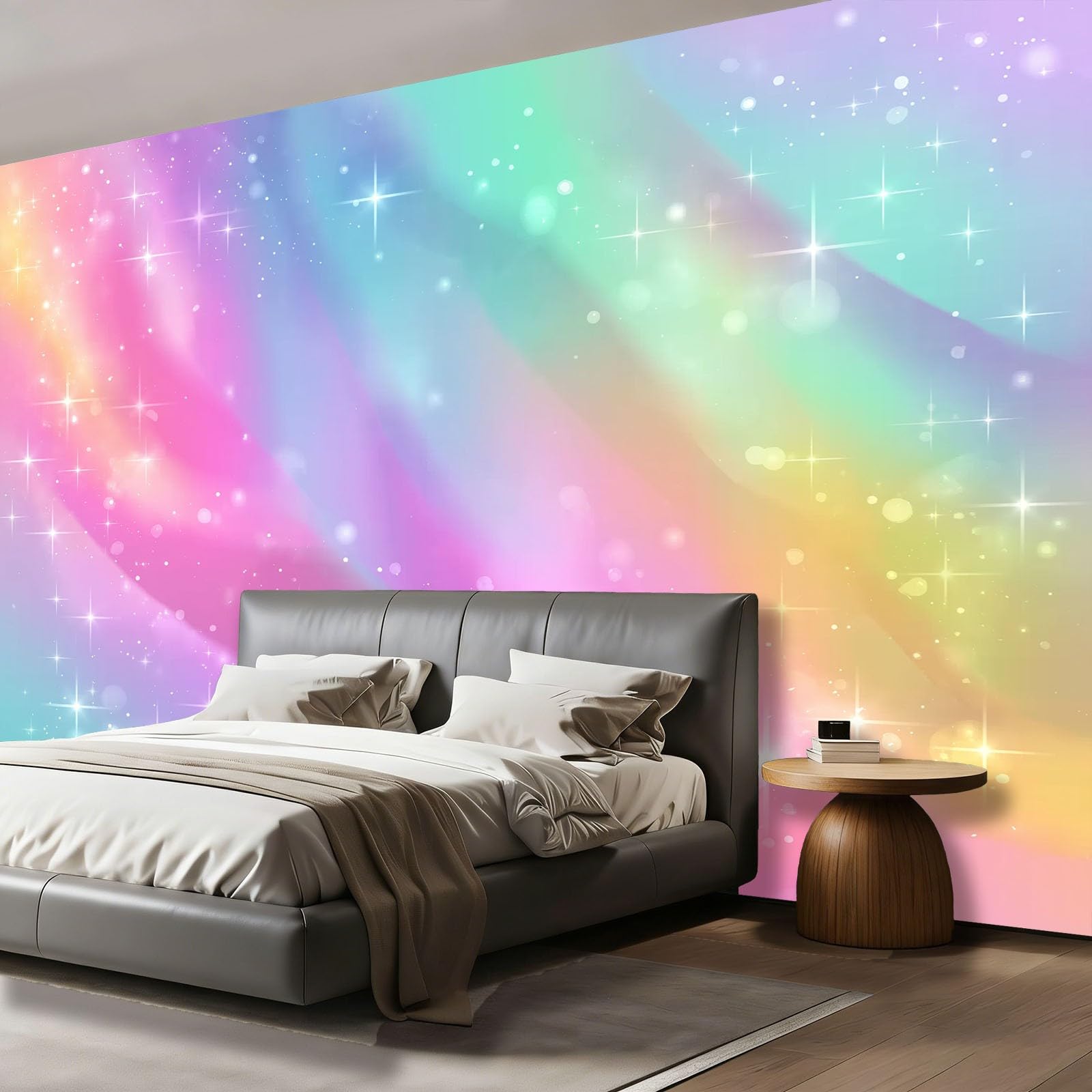 Tapeta panoramiczna 400 x 280 cm, marzycielska tęcza gwiazdy, radosna tapeta z motywem do zabaw i żłobka, kolorowa