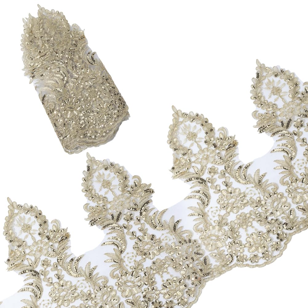 GORGECRAFT 13.4 Inch Metallic Venice Lace Trim Sequin Flower Embroidery Lace Ribbon 2 Yards Gold Applique Sewing Floral Lace Crown Edge Trimming for DIY Crafts Clothes Wedding Home Decor