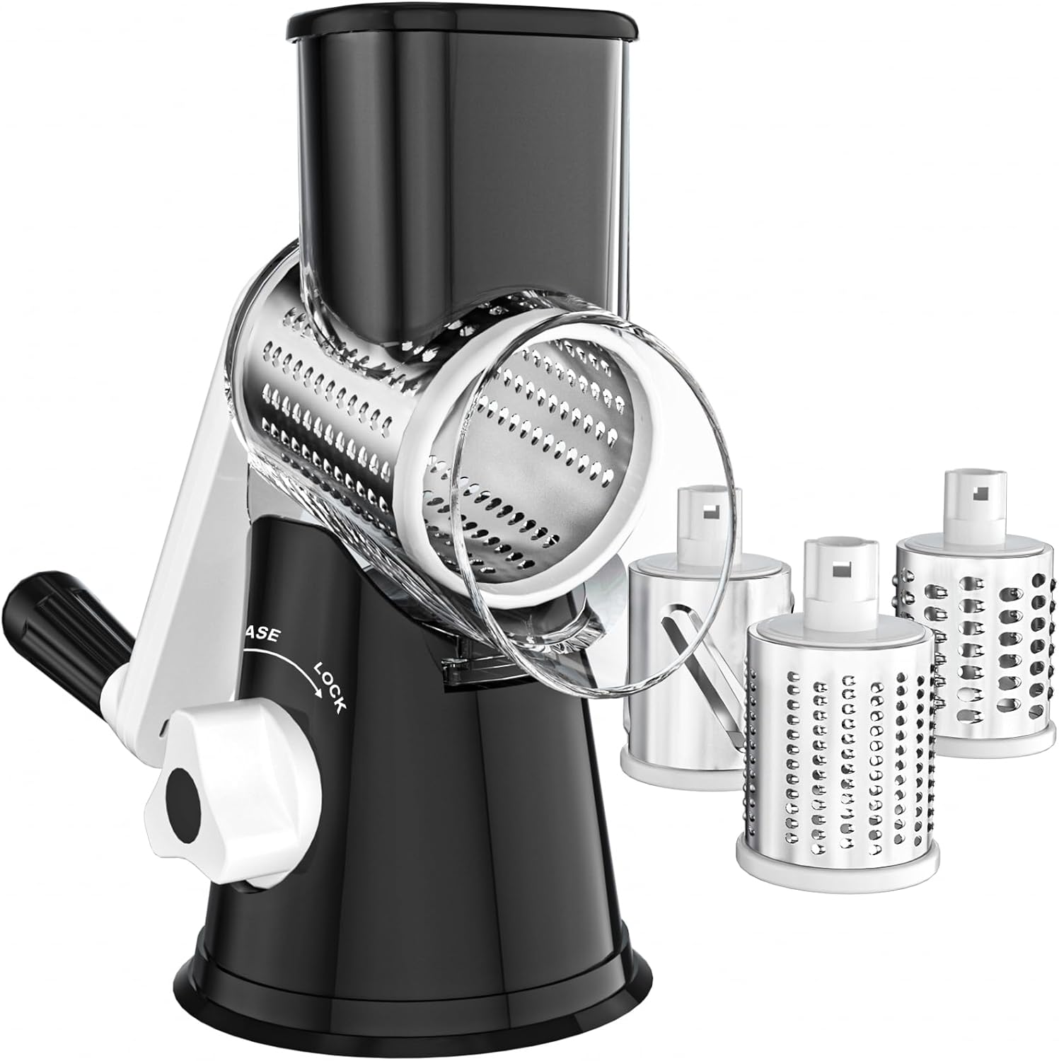 Cheese Grater Hand Crank, Rotary Vegetable Shredder with Handle and Strong Suction base, 3 in 1 Kitchen Speed Spin Veggie Slicer Nut Grinder for Pizza Top, Hash brown, Salad and More (Black)