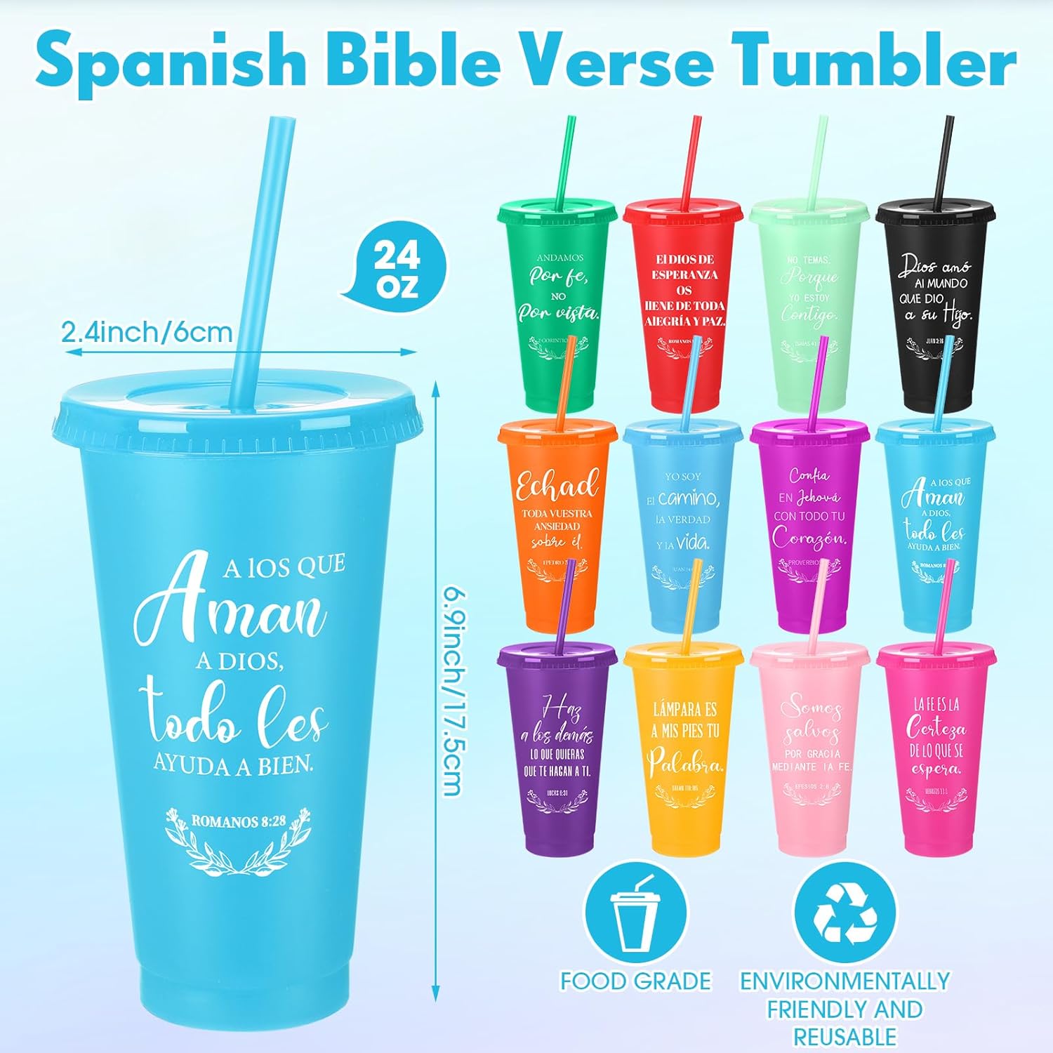 24 Packs Inspirational Christian Gift Spanish Bible Verse Cup Bulk 24oz Religious Plastic Tumbler with Lid Straw for Valentine Easter Church (Red,Blue,Pink,Green,Purple,Black,Orange) - Image 2
