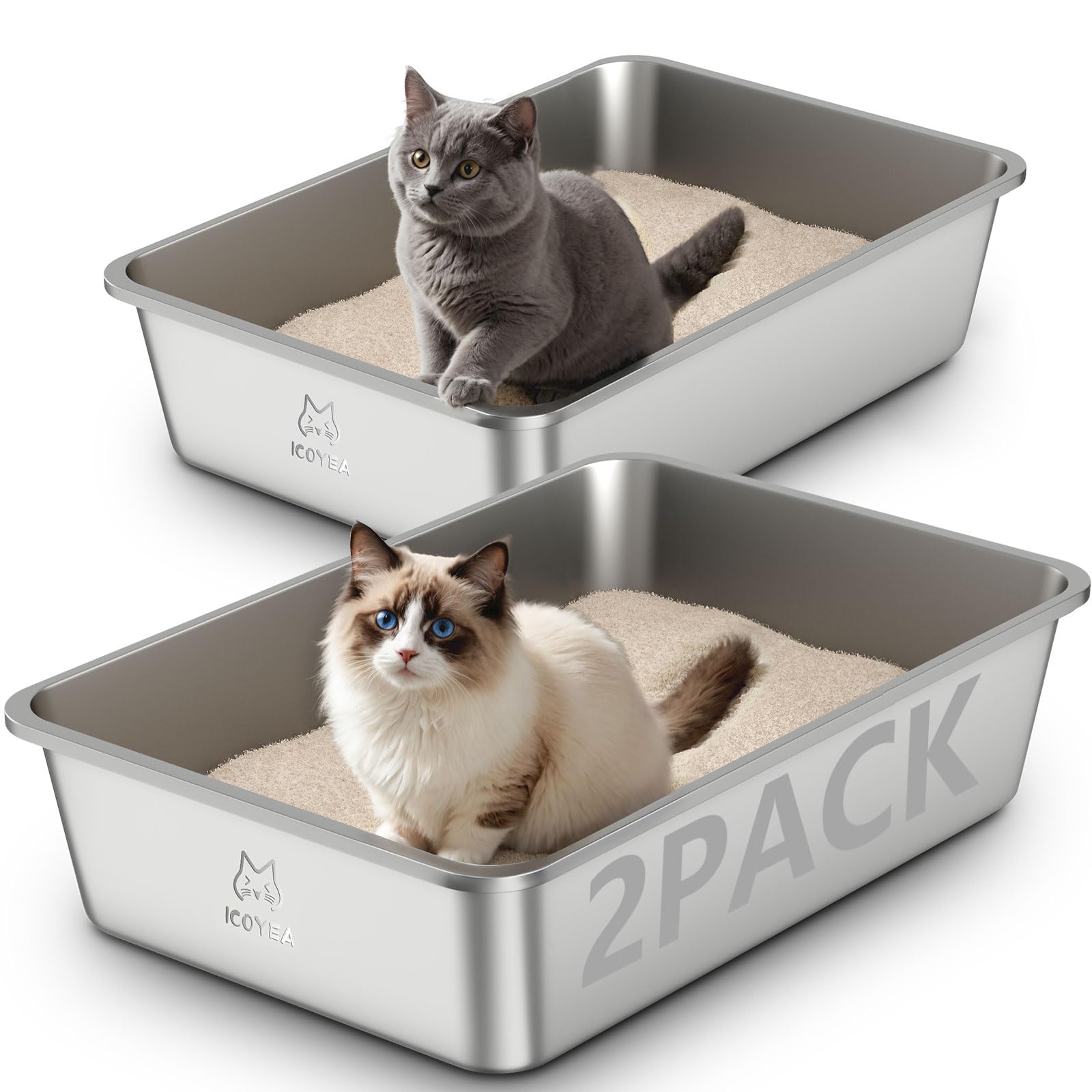 2-Pack Stainless Steel Cat Litter Tray, Cat Litter Box for Large and Small Cats, High Sided Metal Litter Tray, Cats Toilet for Kitten Rabbit and Guinea Pig, Non-Stick (2PCS, 23.4"L×15.6"W×5.9"H) — image 1