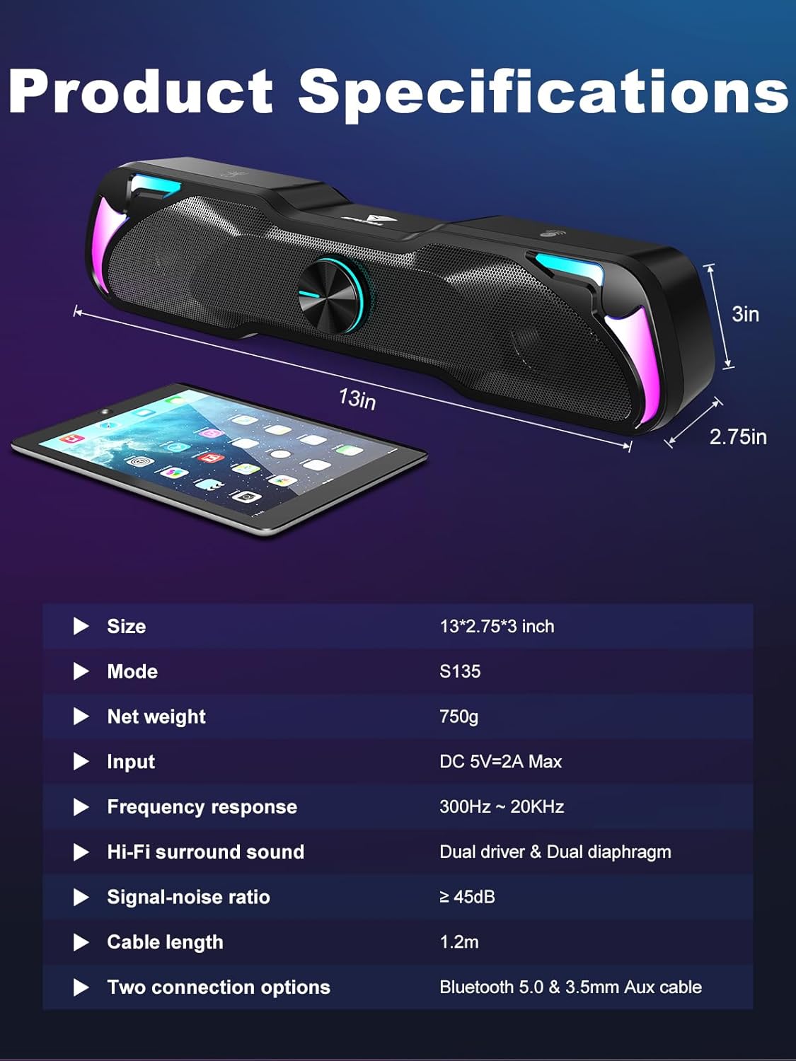 Detailed product specifications for the SPKPAL S135 soundbar, including size, weight, input, frequency response, and connectivity options.