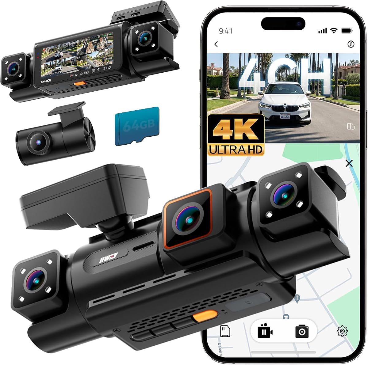 IIWEY N7 PRO 4K STARVIS 4-Channel Dash Cam 360° View, 8-IR Night Vision | Free 64GB Card, 4K 2160P Recording with Faster WiFi 6, GPS , 3.18" IPS, 24/7 Parking Mode, Front, Rear & Dual Inside Cams