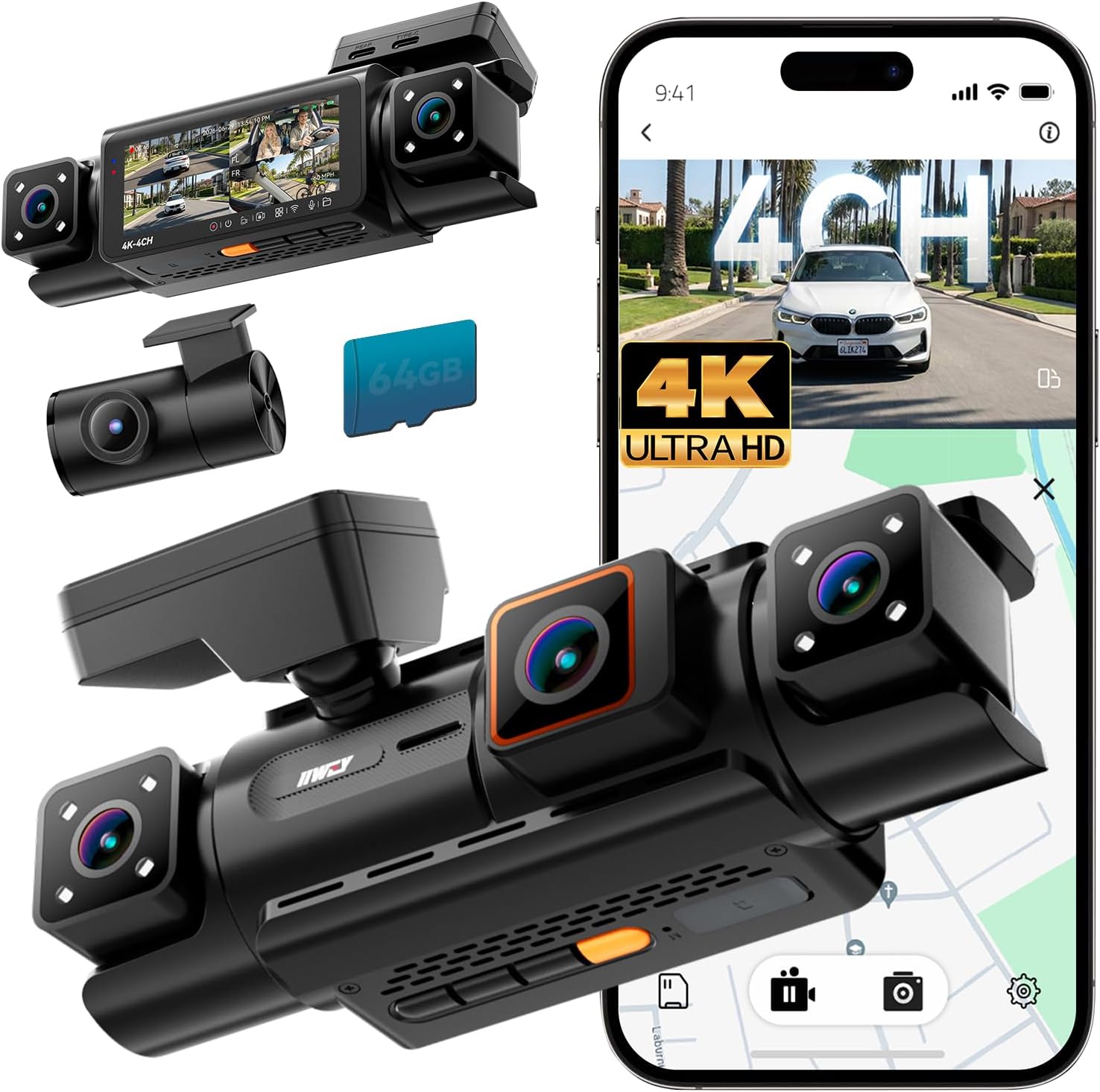 IIWEY N7 PRO 4K STARVIS 4-Channel Dash Cam 360° View, 8-IR Night Vision