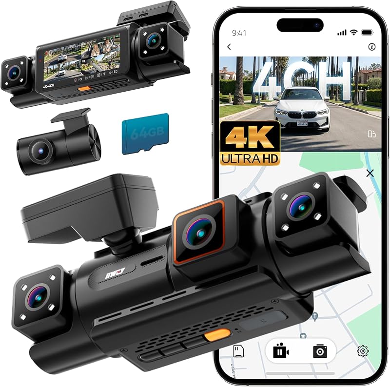 IIWEY N7 PRO 4K STARVIS 4-Channel Dash Cam 360° View, 8-IR Night Vision | Free 64GB Card, 4K 2160P Recording with Faster WiFi 6, GPS , 3.18" IPS, 24/7 Parking Mode, Front, Rear & Dual Inside Cams