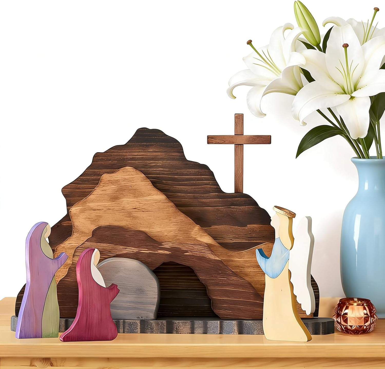 The Empty Tomb Easter Scene, Christian Cross Decorations, Decorations Religious Jesus Tomb Easter Kit Display for The Home, Tabletop, Office - Wooden Nativity Set - 7-Piece (Multiple Color)