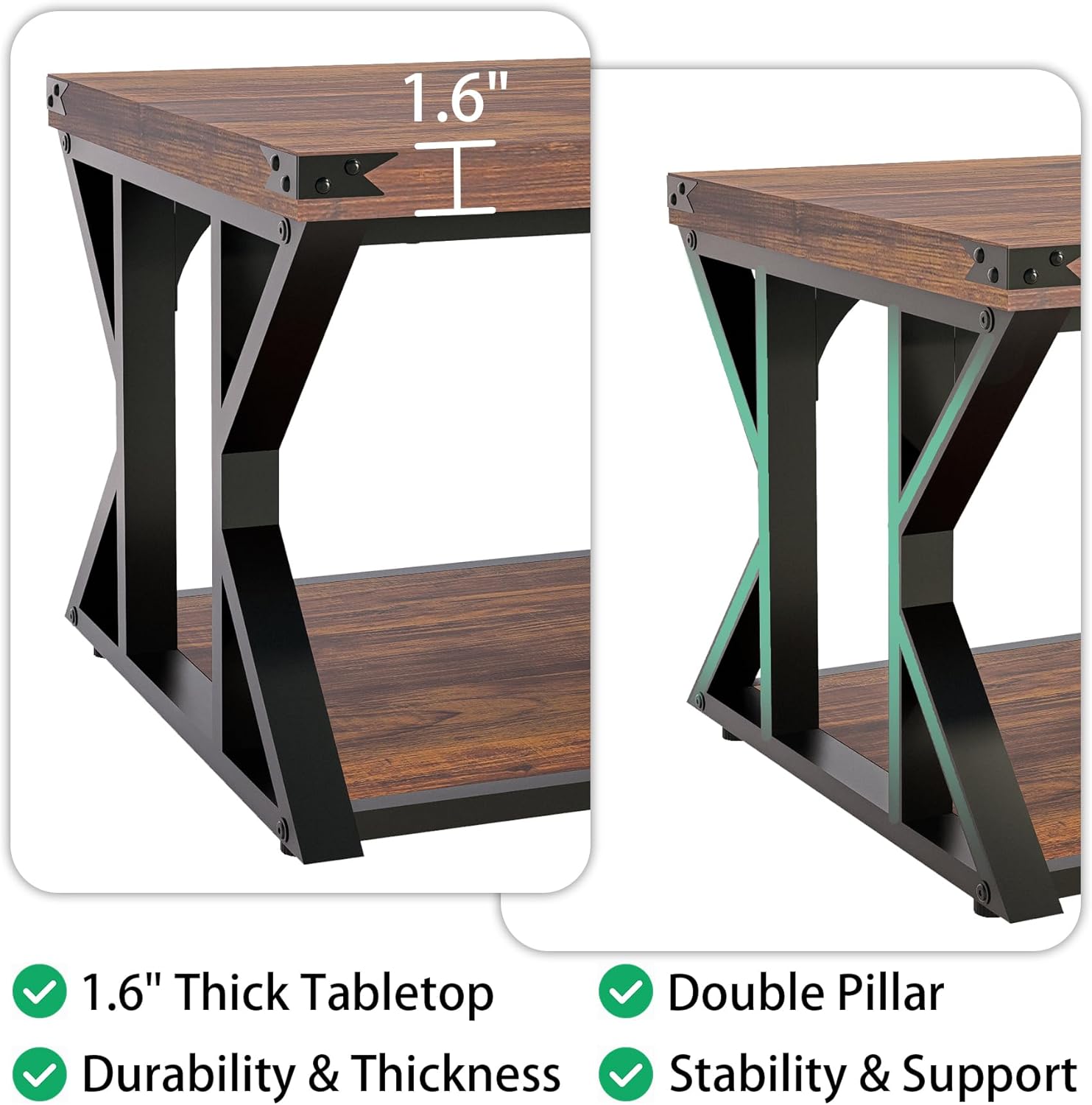 Modern Industrial Coffee Table for Living Room 43" Rectangle Accent Center Table with Storage Shelf & Metal Frame, Heavy Duty 2-Tier Cocktail Table Rustic Brown