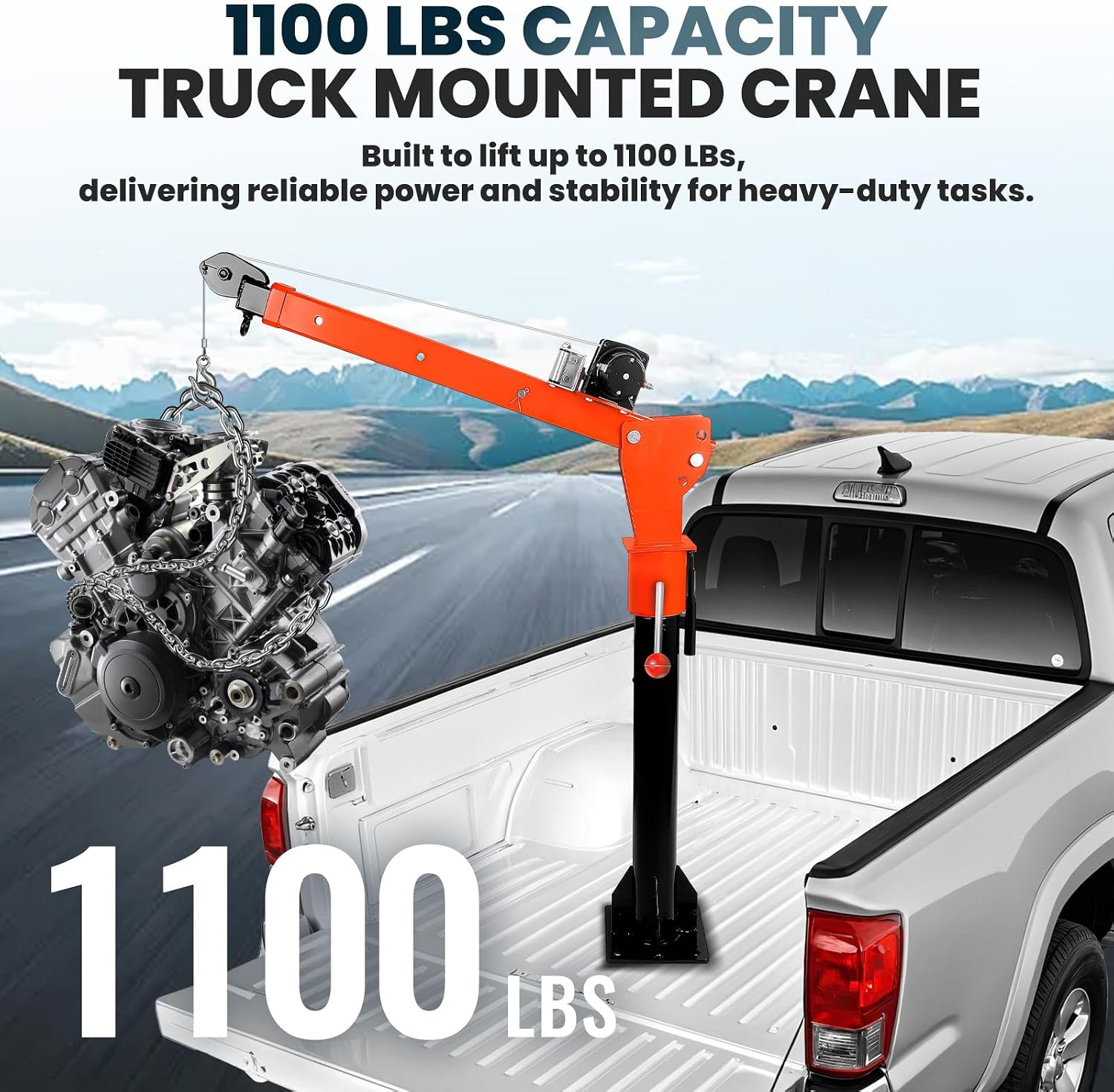 Durable 1100lb Truck Crane with Alloy Steel, 3500lbs 12V Electric Winch Truck Bed Lift 3-Position Adjustable Boom, 360° Rotational Capability and Foldable Design Practical in Multi-Scene