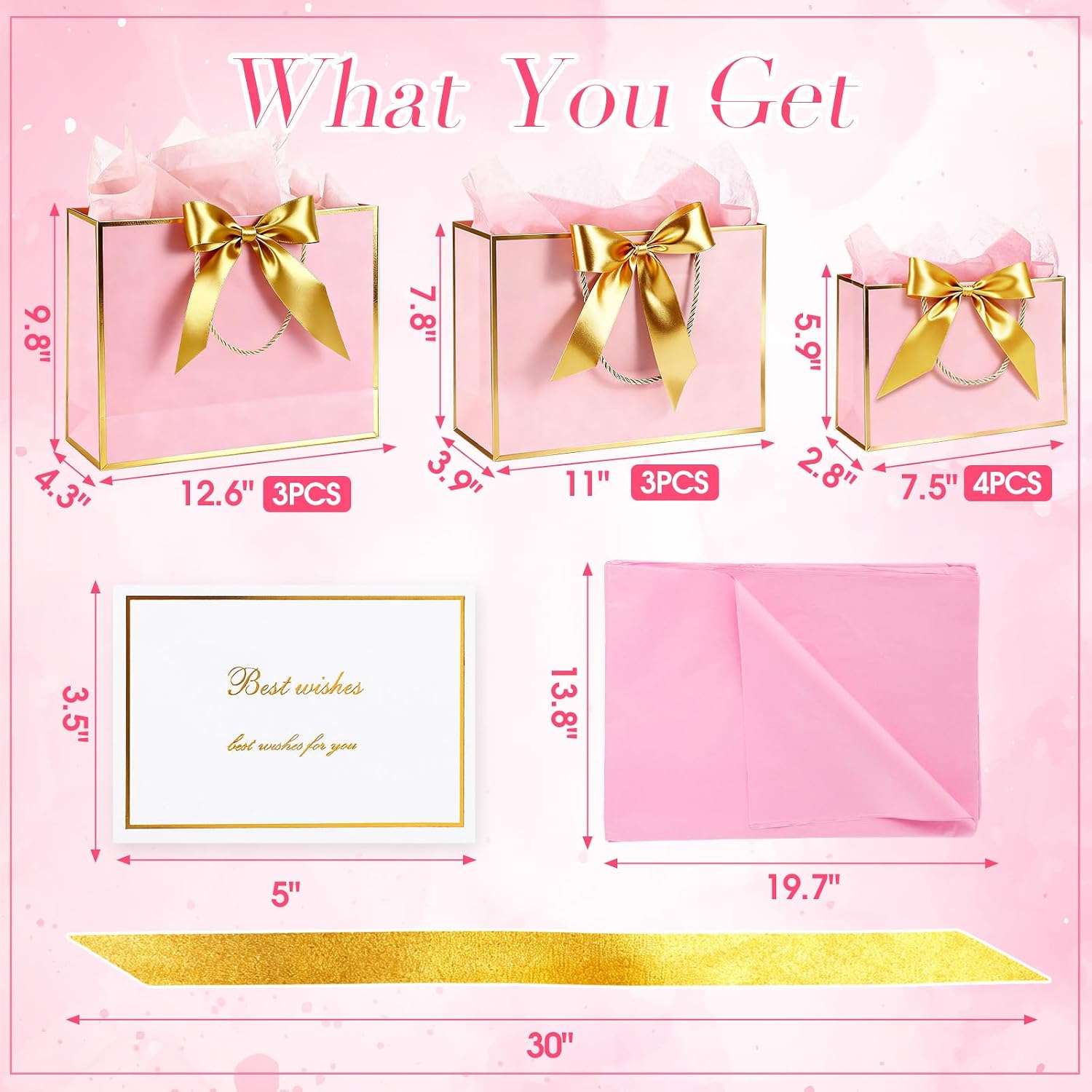 Maitys 10 Set Pink Paper Gift Bags Assorted Sizes with Handles Ribbon image 2