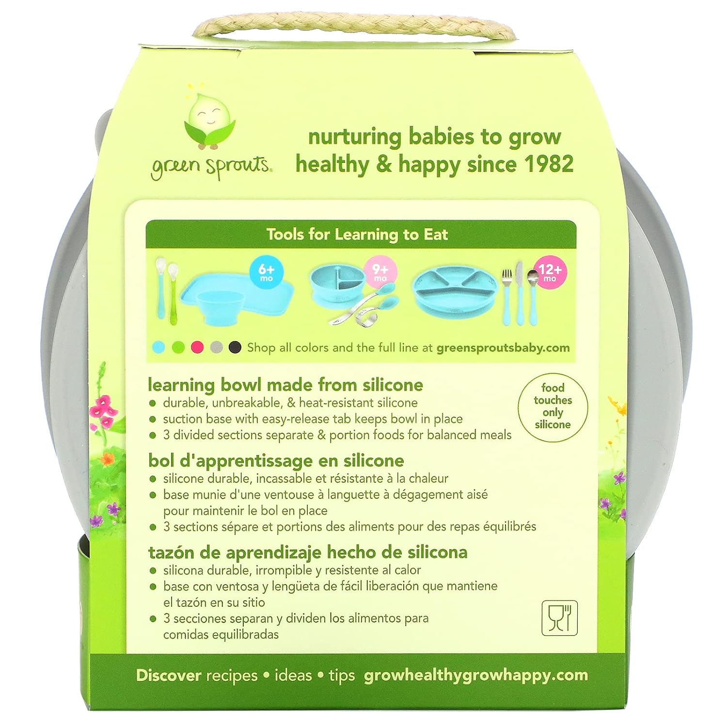 green sprouts Learning Bowl | Helps toddler develop independent eating skills | Heat-resistant silicone, Suction cup base with easy-release tab, 3 sections marked to measure portions, Dishwasher safe
