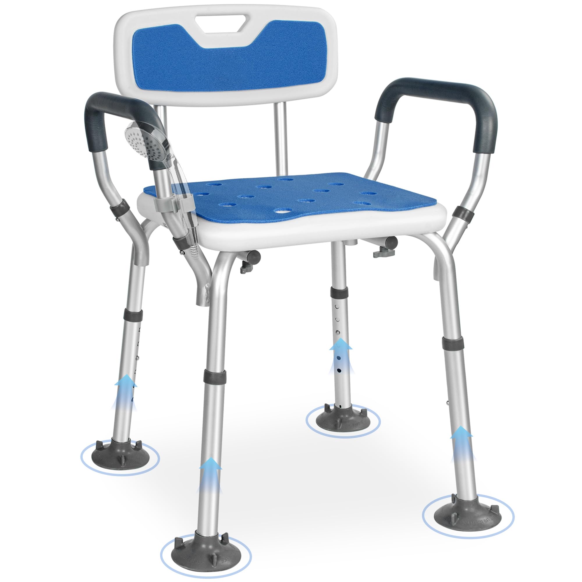 Duschstuhl für Senioren mit Abnehmbarem Griff und Rückenlehne, Höhenverstellbar, Rutschfester Duschhocker aus Aluminium, Belastbar bis 136 kg, Geeignet für Senioren, Verletzte und Schwangere