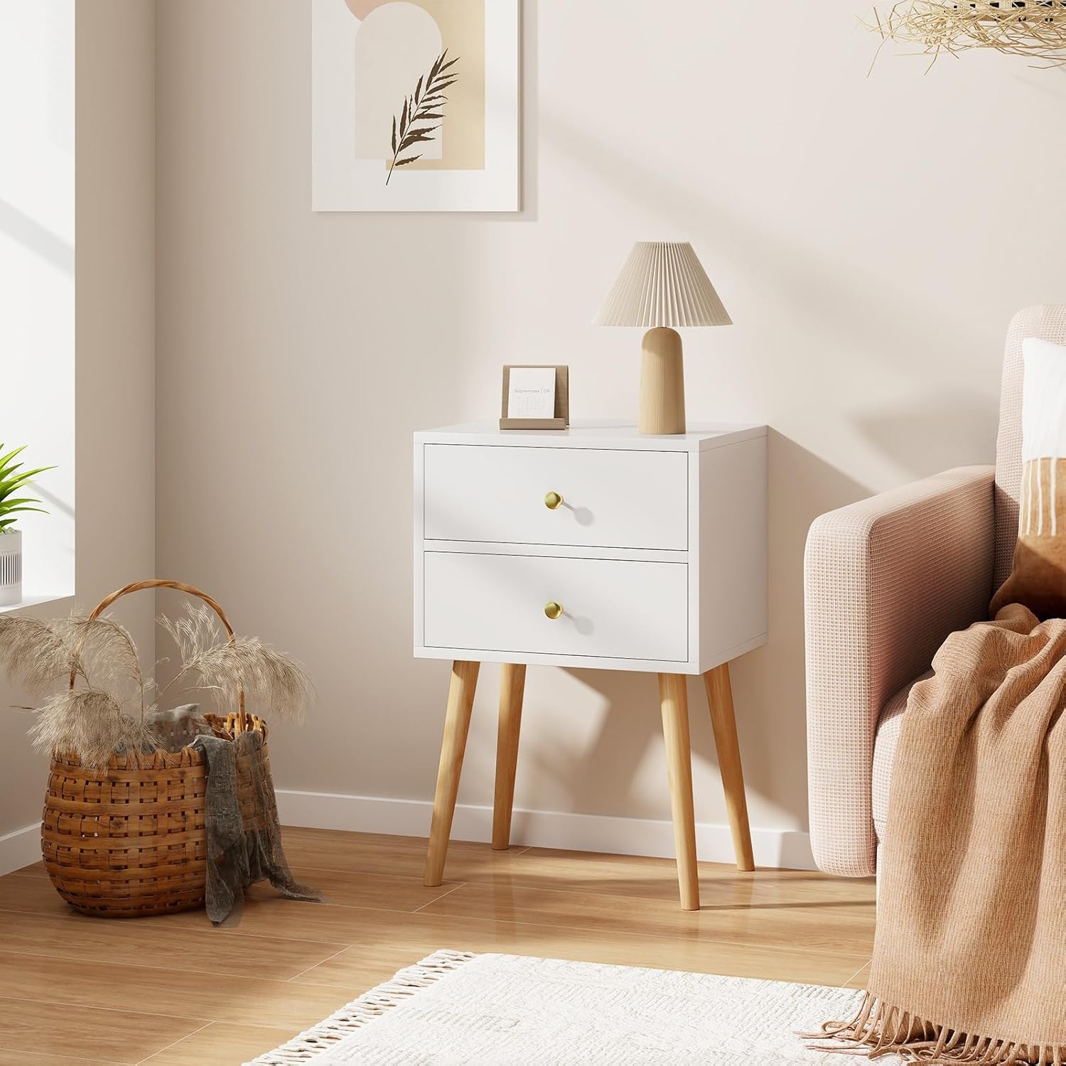 KOMFOTT Nightstand with 2 Drawers, Mid-Century Bedside Table, End Table with Solid Wood Support Legs for Small Spaces & Bedroom (2, White)