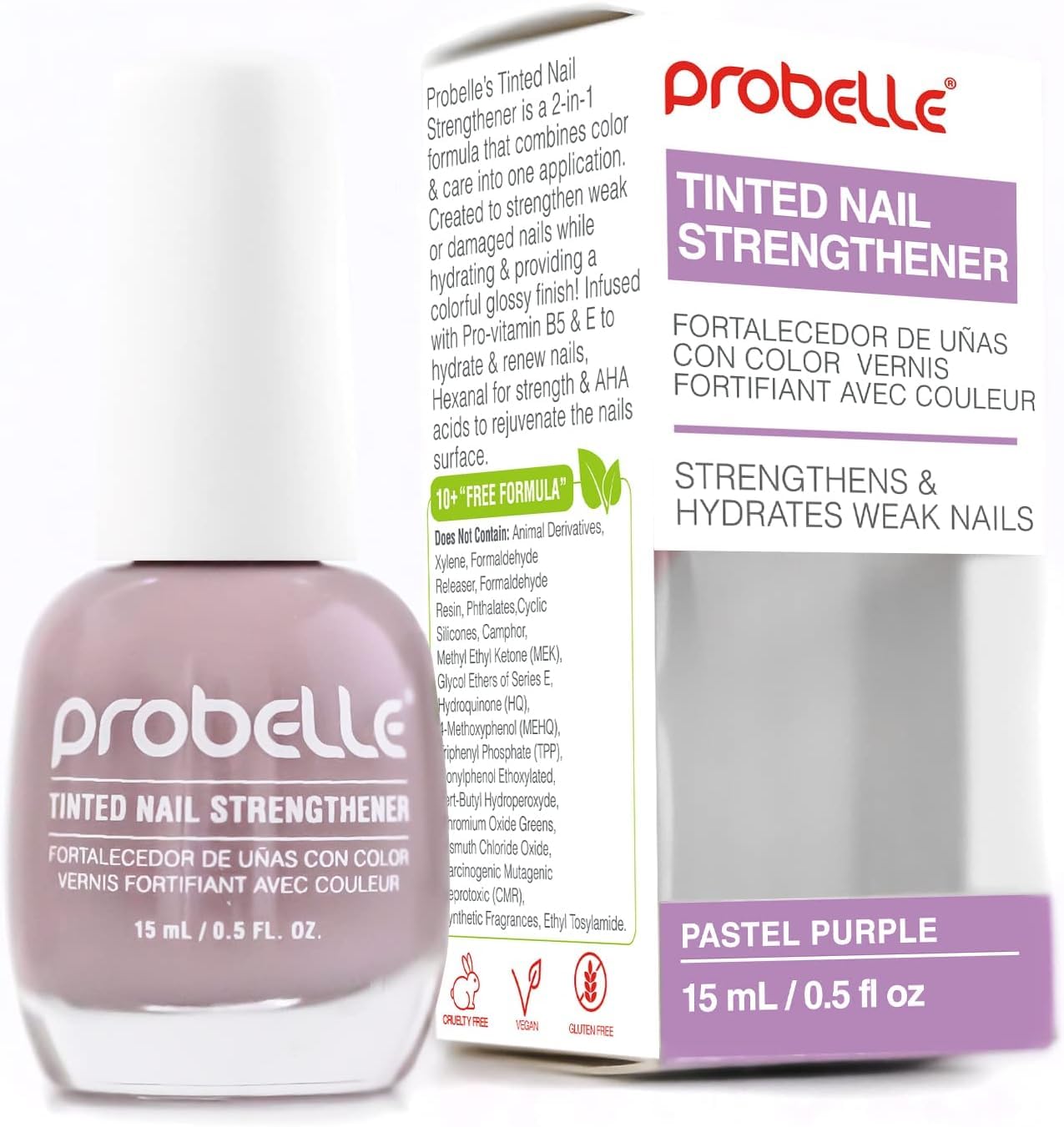 Probelle Tinted Nail Strengthener | Pastel Purple | 15ml | Strengthens and Hydrates Weak Nails | Infused with Pro-Vitamin B5 & E | Glossy Tinted Finish