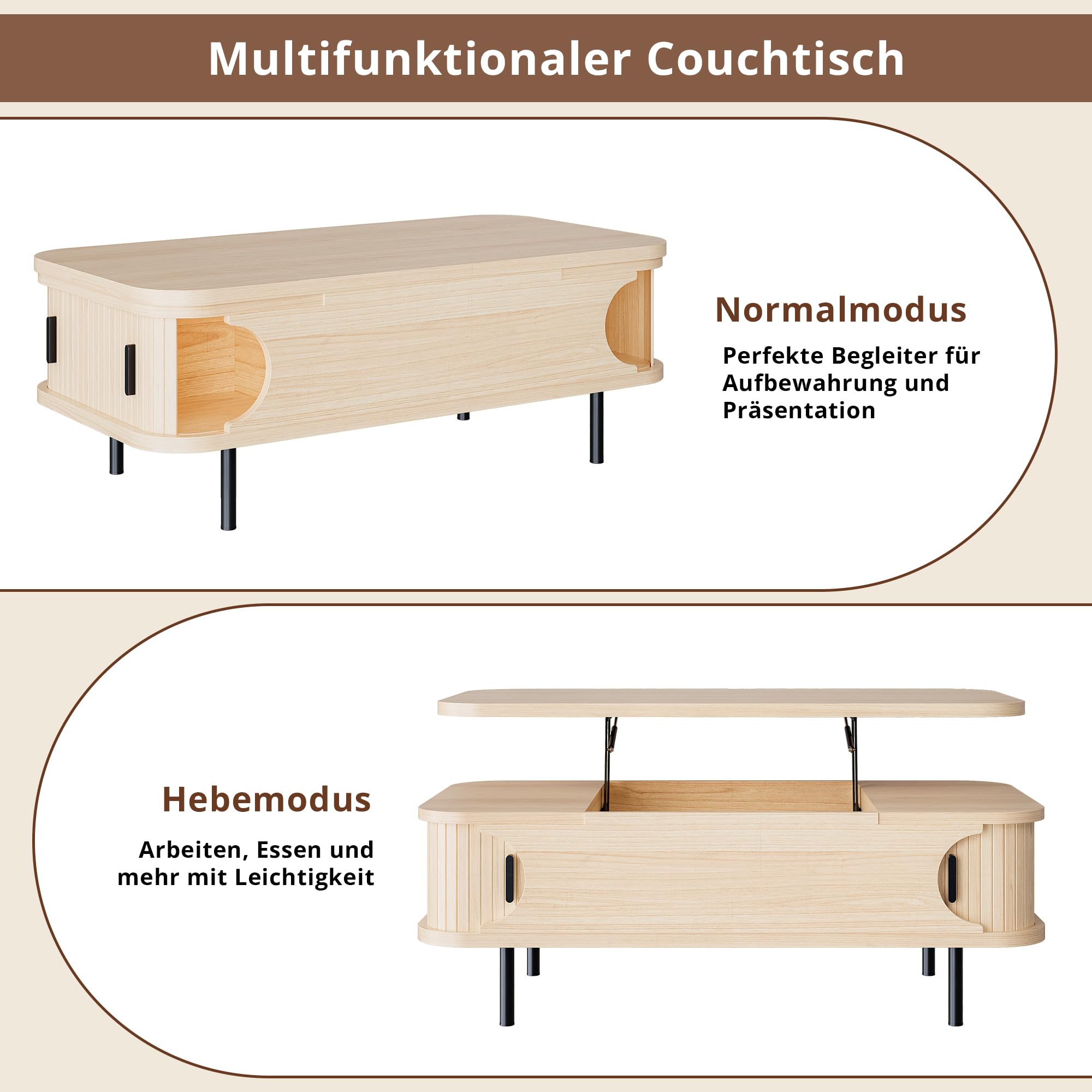 IRONCK Couchtisch höhenverstellbar, Wohnzimmertisch mit Stauraum, Holz Kaffeetisch mit Schiebetüren, verstecktes Fach, offenes Fach, für kleine Räume, Wohnzimmer, Homeoffice, 101x51x52cm, Eiche Hell