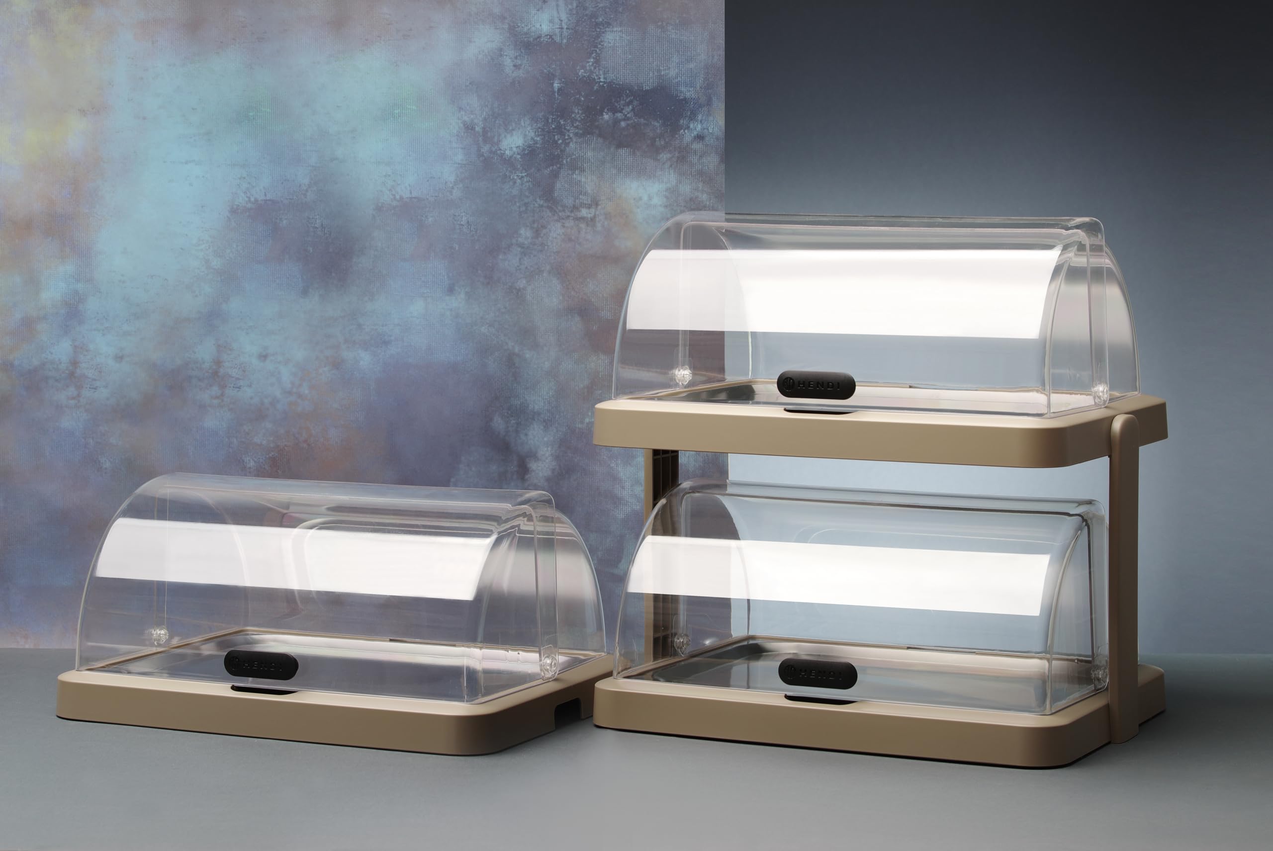 HENDI Vitrine réfrigérée double de présentation Duo UNIQ, Beige | ABS et PET transparent, 2 couvercles coulissants roll-top, 2 plateaux inox 40x30cm, 4 accumulateurs de froid,480x355x(H)480mm