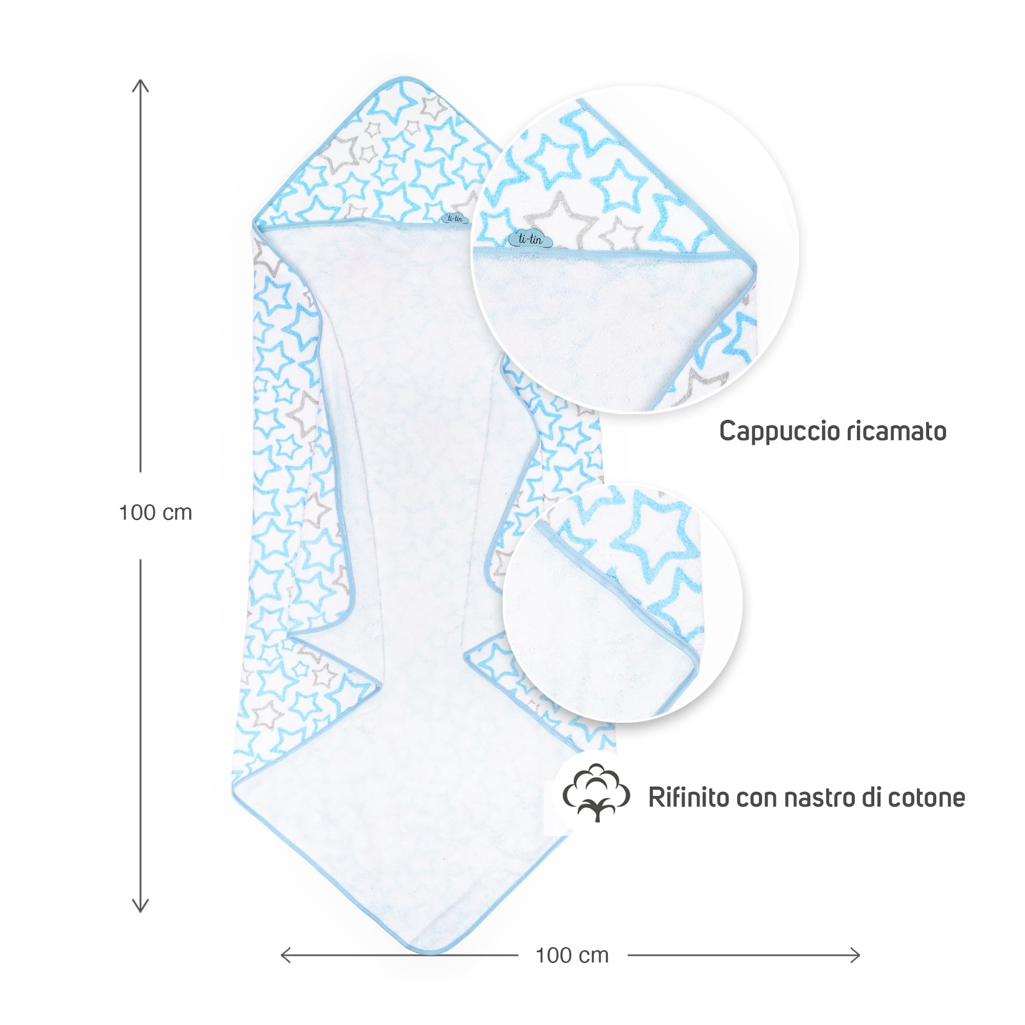 Ti TIN Asciugamano Da Bagno Per Bambini con Cappuccio 100% Cotone | Asciugamano Per Bambini con Cappuccio Morbido e Assorbente con Un Design a Stelle Azzurro, 100x100 cm