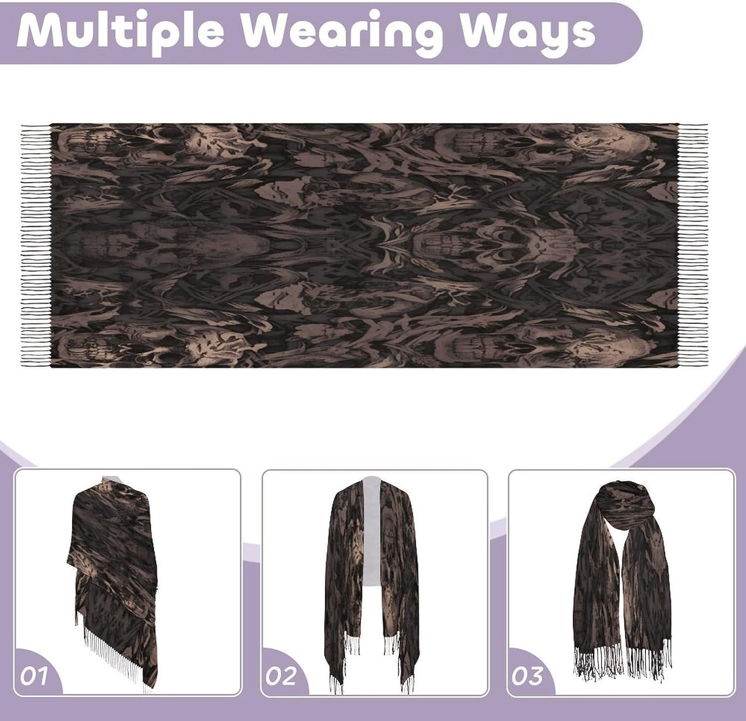 Gothic Wallpaper for Walls Skull Damask Winter Scarf for Women Soft Tassel Scarves Oversized Wraps Long Shawl Cold Weather Thick Blanket Scarfs