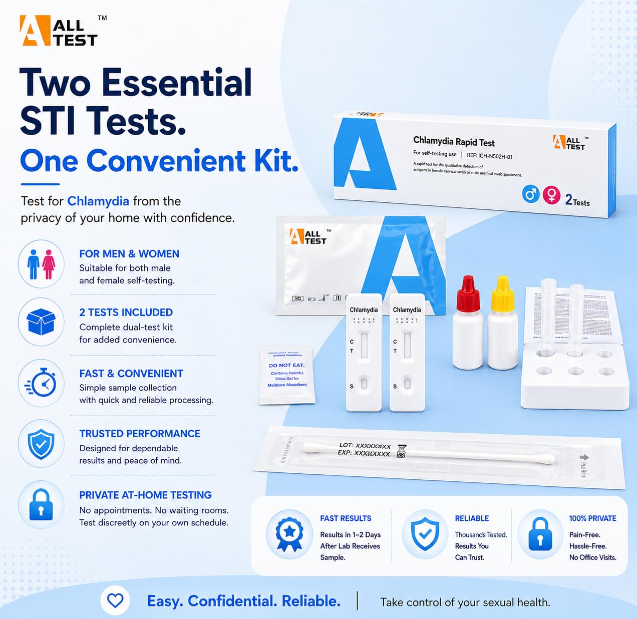 2 x Zestaw do testowania na Chlamydię ALLTEST, Domowy Test na Chlamydię dla Mężczyzn i Kobiet, Szybki Domowy Test na Chlamydię dla Kobiet, Zestaw do Testowania Chlamydii dla Mężczyzn, Prywatny Zestaw