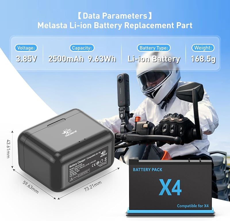 Pachet încărcător baterii Melasta pentru camera Insta360 X4, baterie de schimb Li-ion 3.85V 2500mAh, 2 acumulatori și 1 încărcător cu două porturi