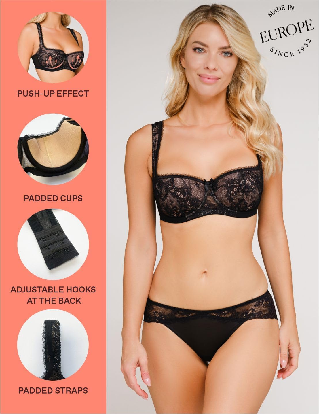 Rosme Women's Balconette Bra with Push Up Effect Plus Size Sexy Lace Demi Half Cup Bra Underwired Low Cut Mesh Bras Eliza - Image 7