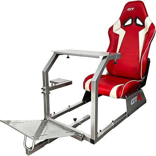 GTR Simulator GTA modelo marco plateado con asiento ajustable de cuero sintético rojo blanco carreras carreras conducción juego simulador silla
