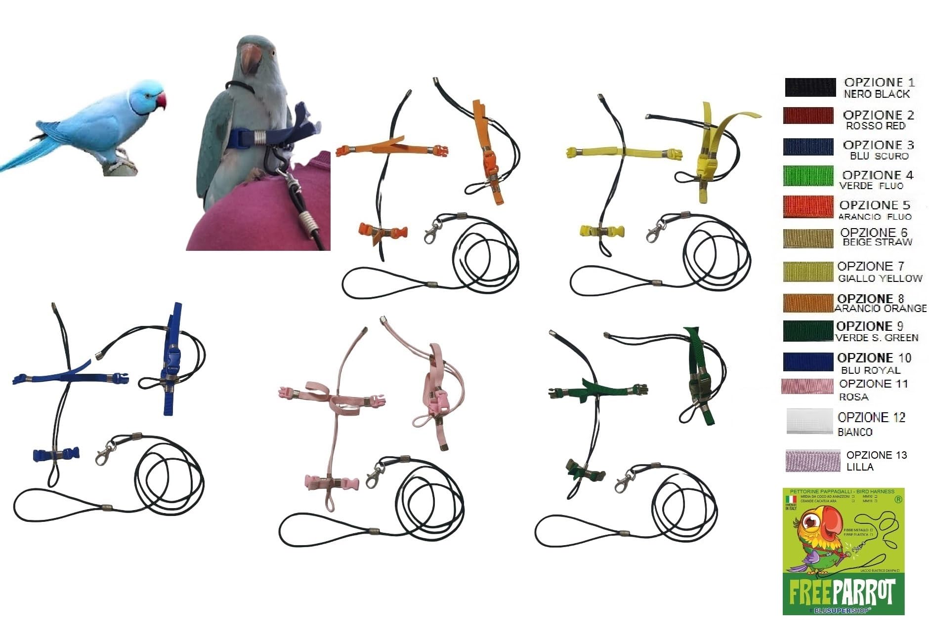 PETTORINA ELASTICA GIALLA PER PAPPAGALLI PARROCCHETTO DAL COLLARE,nastro 10mm, 2 attacchi,PLASTICA O METALLO SGANCIABILI REGOLABILI con GUINZAGLIO 1M x tutte le razze + amuleto