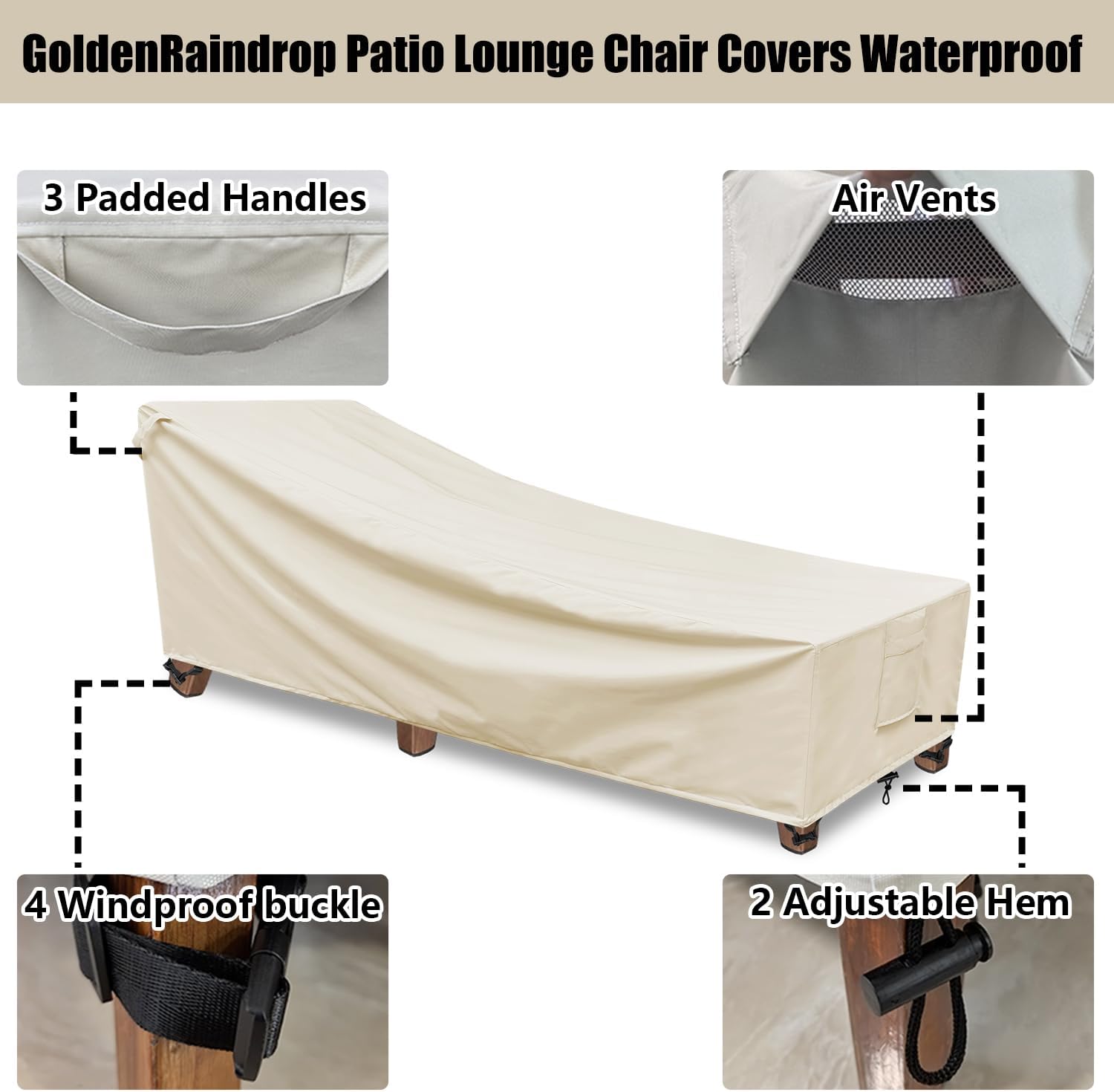 Outdoor Chaise Lounge Covers Waterproof Patio Lounge Chair Covers, 2Pack - 80L x 30W x 27H inch, 600D Weather-Resistant Polyester Fabric UV-Resistant and Tear-Resistant, Beige