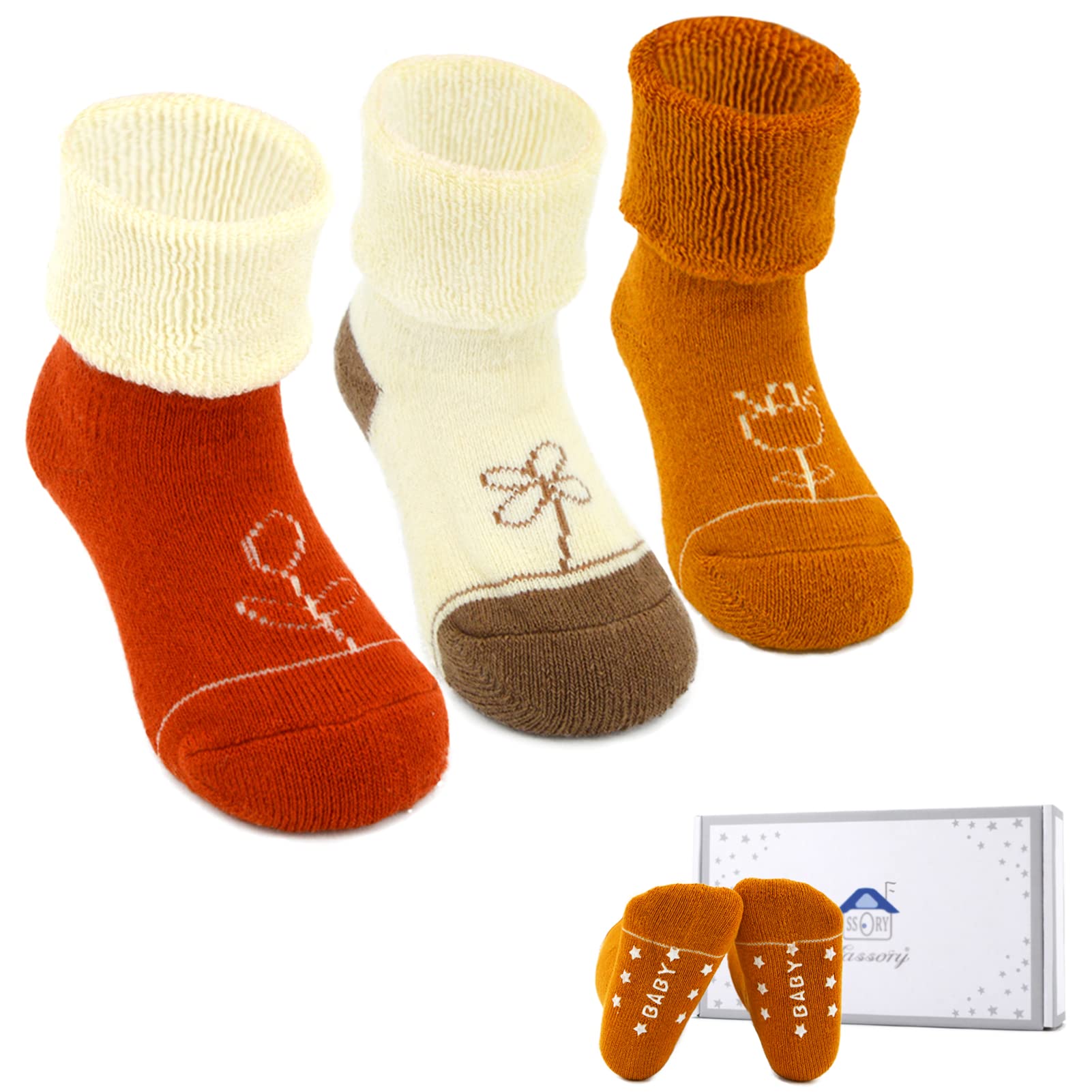 Fassory 3 Pairs Roll Up Warm Grip Socks Gift Set for 0-5 Years Infant Baby Toddler Kids Cute Anti-Slip Winter Cozy Cotton Socks for Children Boys Girls (as8, age, 1_year, 3_years, Plant G)