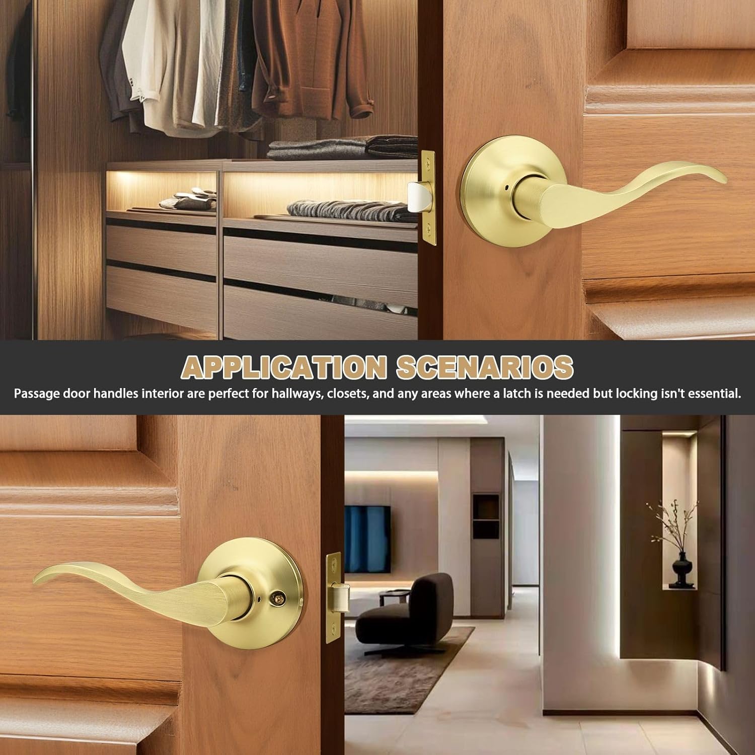 GOBEKOR Gold Door Handles Interior Wave Passage Door Lever Brushed Gold Interior Door Handles for Hall Closet Reversilble for Left/Right-Handed Doors, Satin Brass(3 Pack)